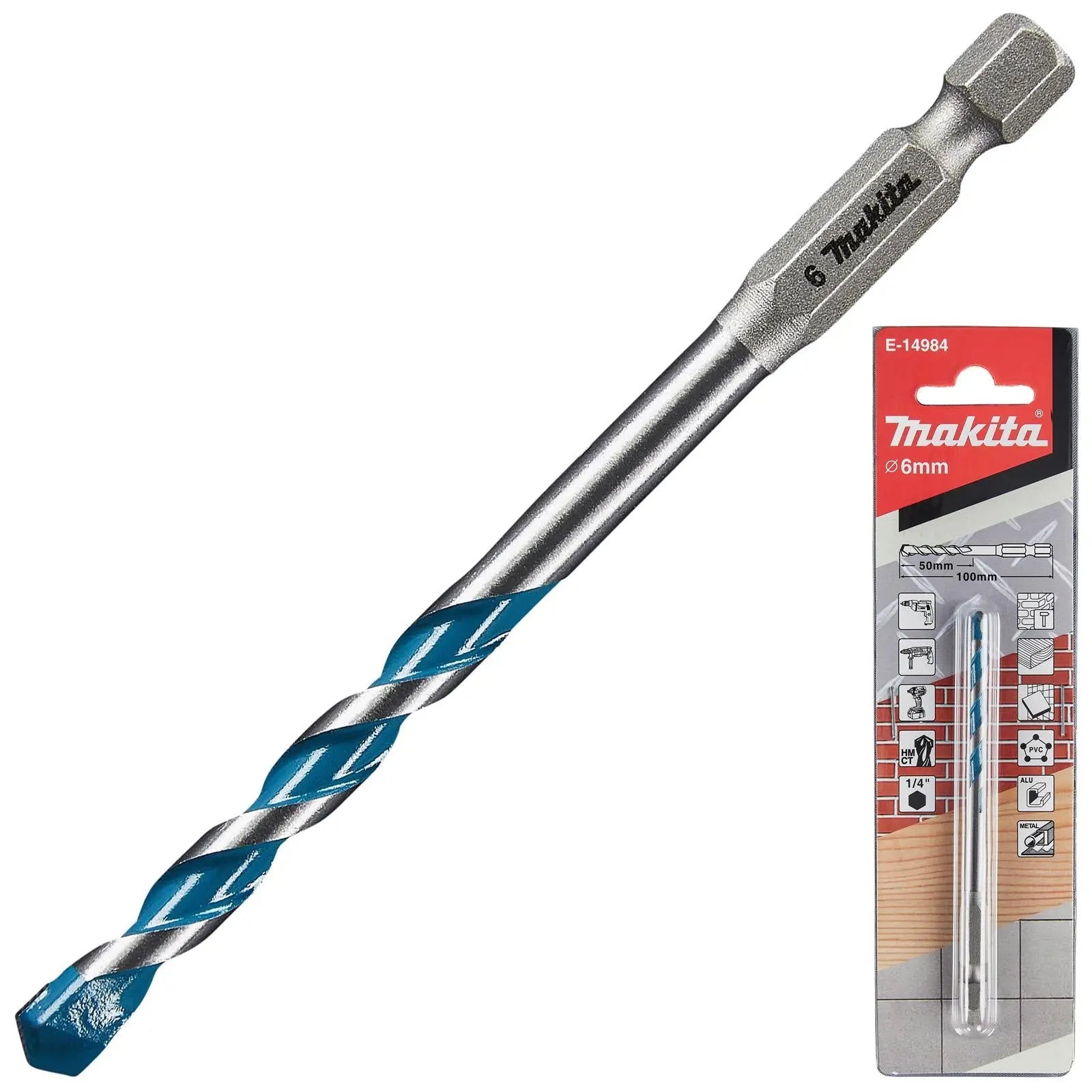 Makita Multi Material Drill Bits TCT 1/4" Hex Shank for Wood Plastic Masonry Ceramic Tiles Steel - Choose Size  White Rose Tools