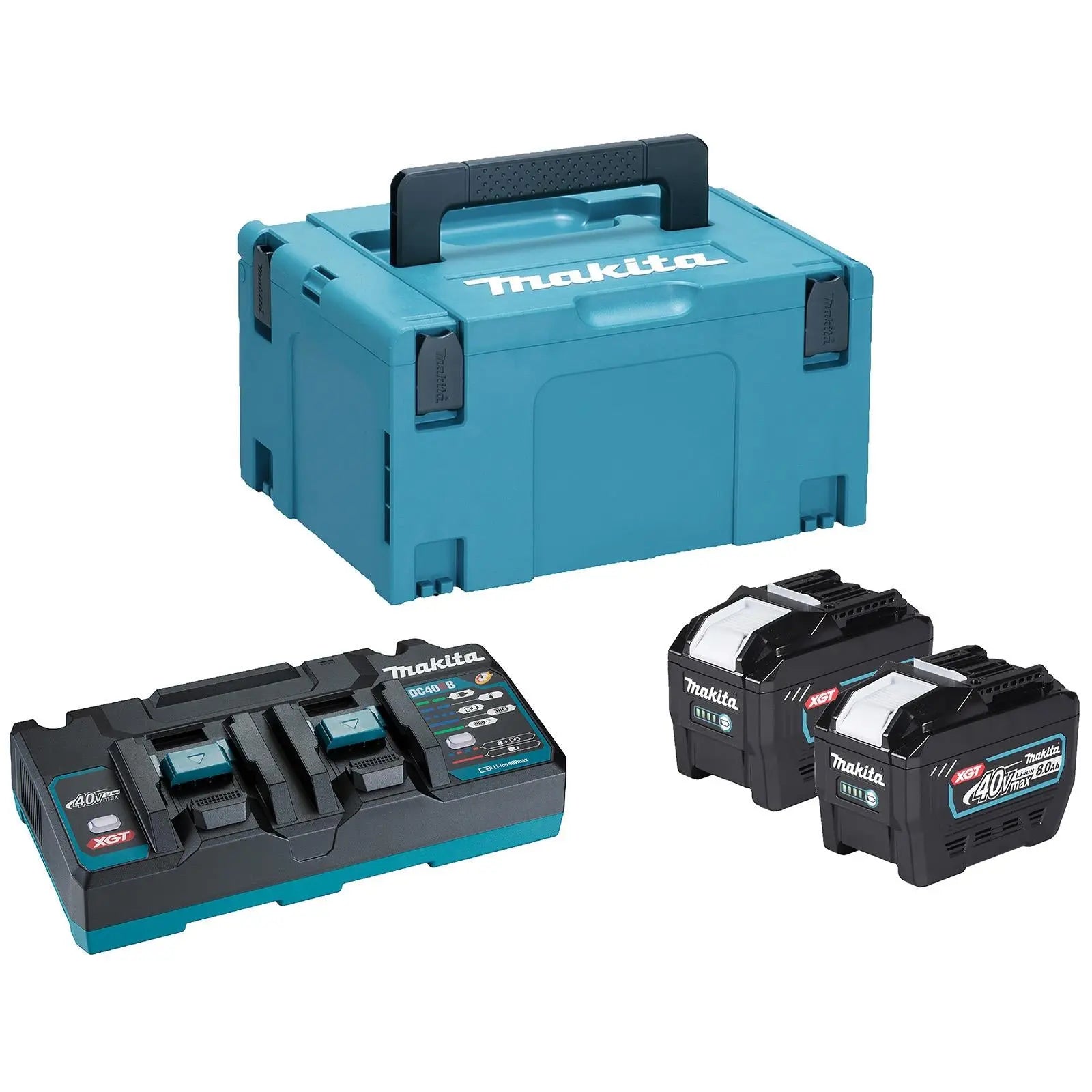 Makita Power Source Kit 40V XGT 2 x 8.0Ah Batteries DC40RB Two Port Charger 240V in Makpac Type 3 Case  White Rose Tools