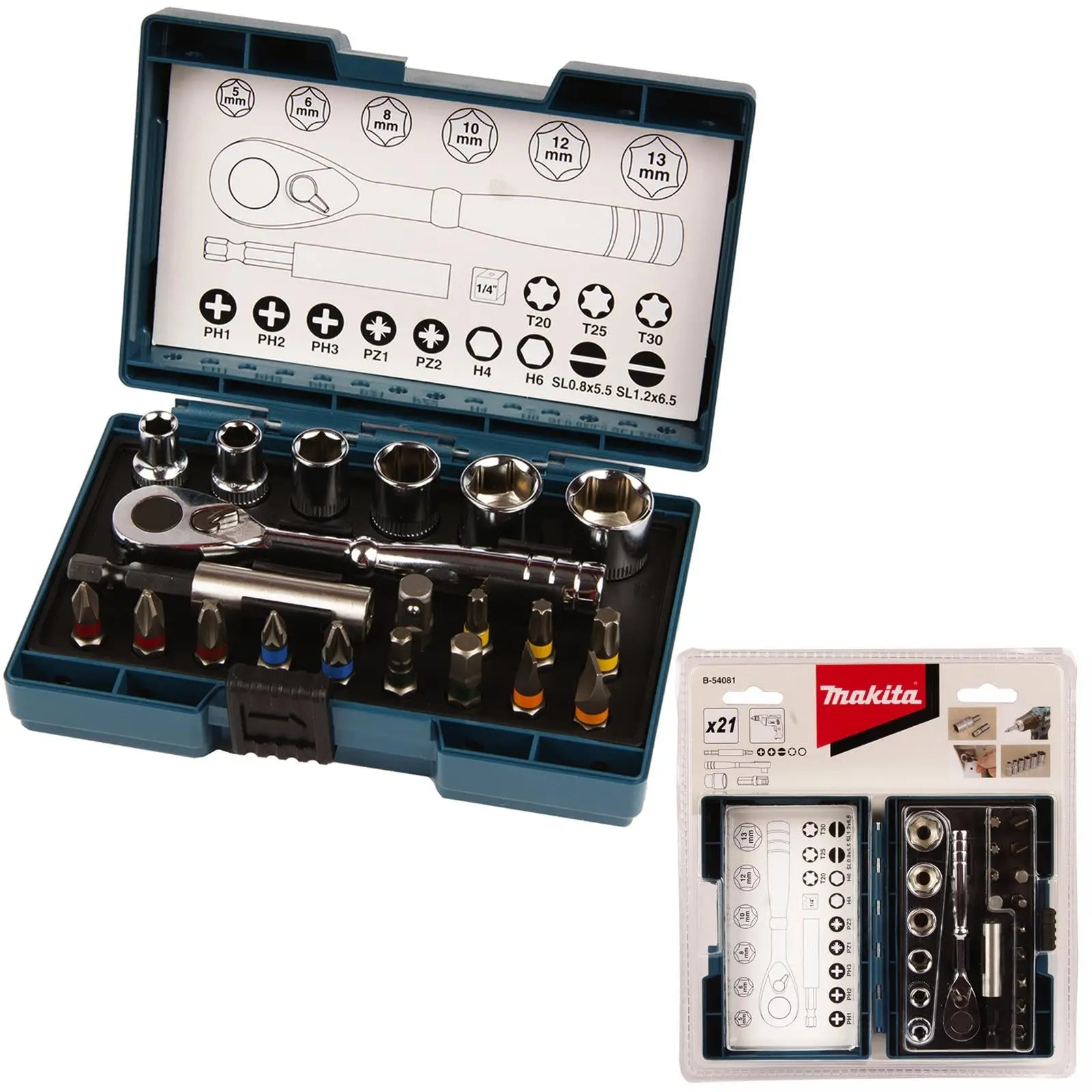 Makita Ratchet Socket and Screwdriver Bit Set 21 Piece B-54081  White Rose Tools