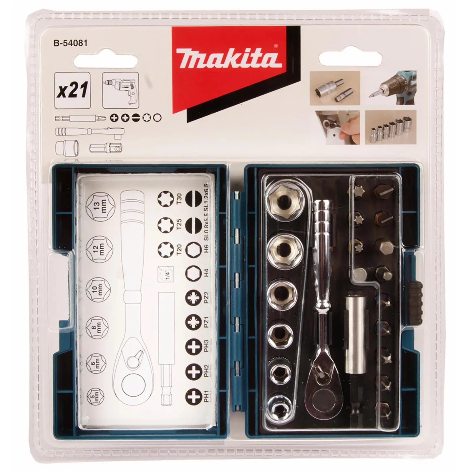Makita Ratchet Socket and Screwdriver Bit Set 21 Piece B-54081  White Rose Tools