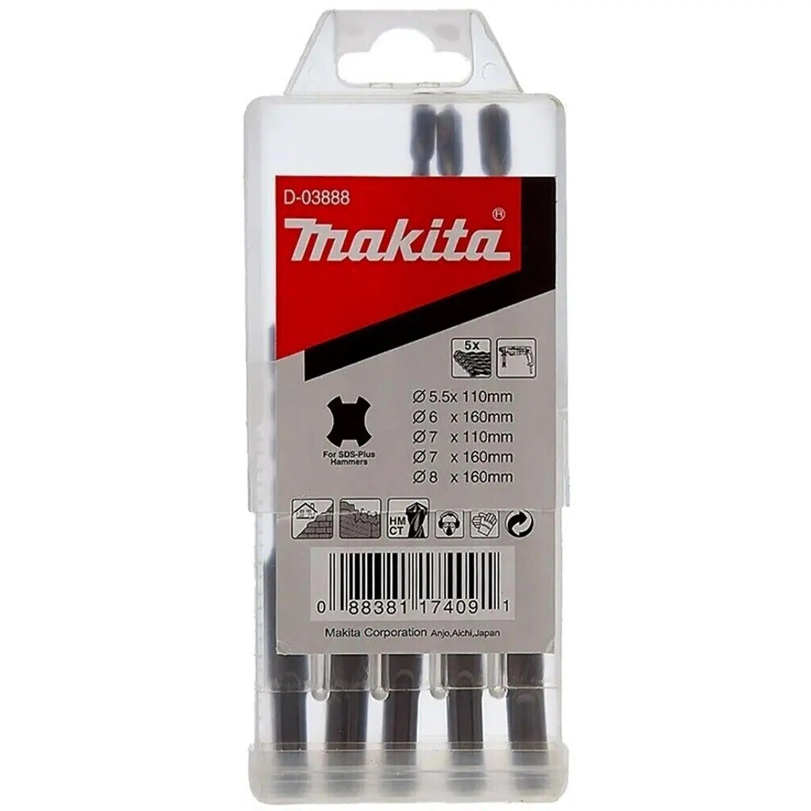 Makita SDS Plus Hammer Drill Bit Set 5 Piece 2 Cut 5.5-8mm D-03888  White Rose Tools
