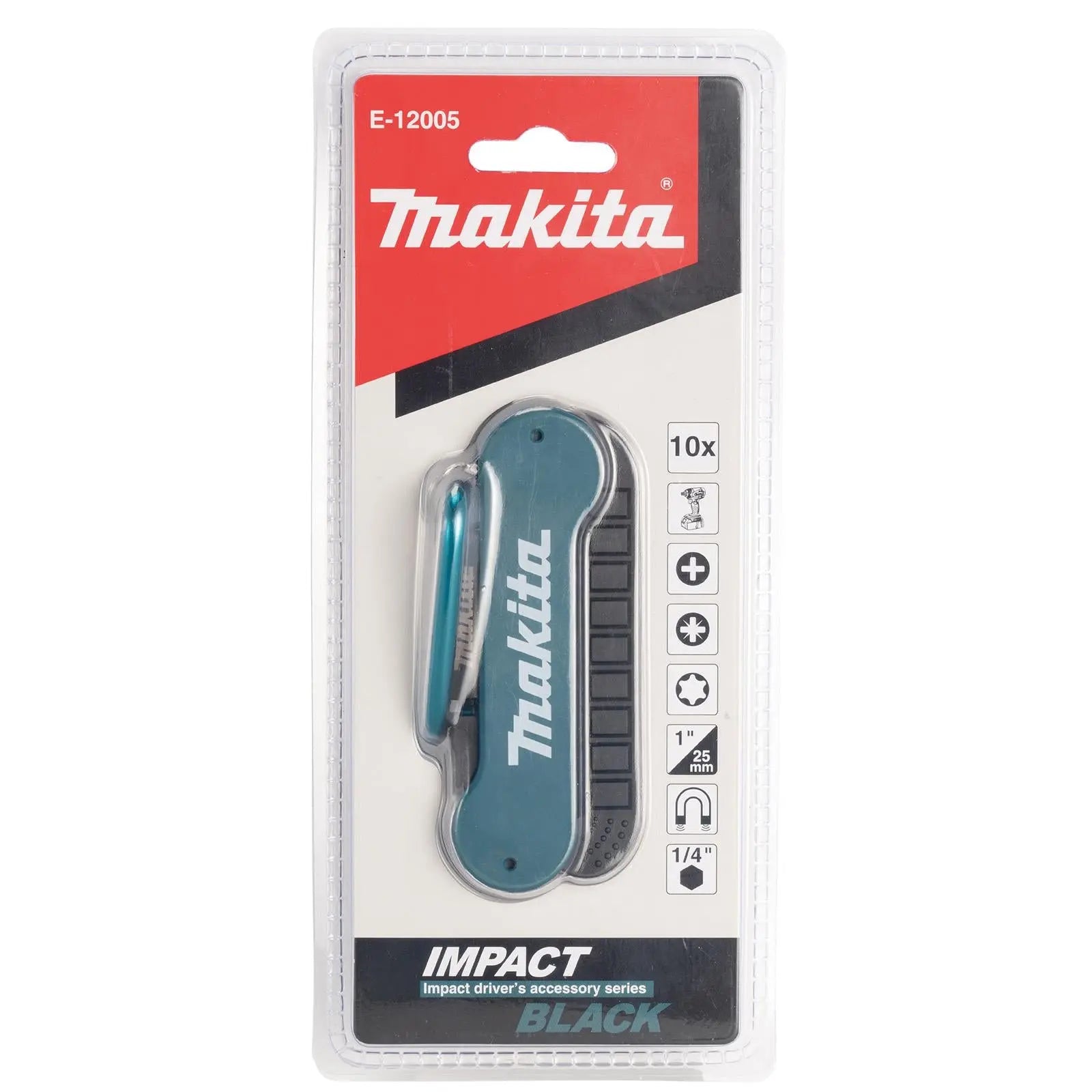 Makita Screwdriver Bit Set 25mm 1/4" Hex 10 Pieces IMPACT BLACK with Magnetic Bit Holder on Carabiner E-12005  White Rose Tools