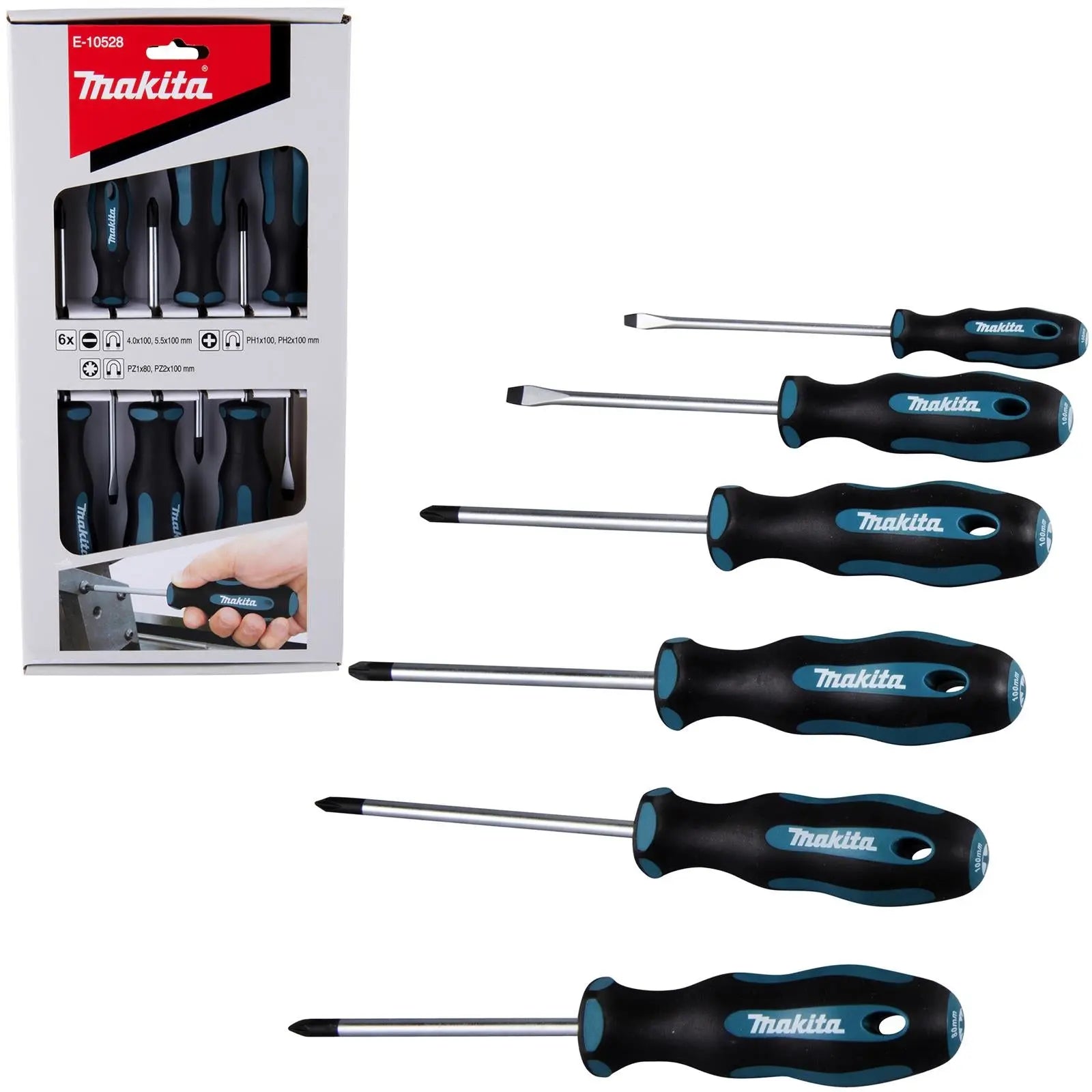 Makita Screwdriver Set Phillips Pozi Slotted PH PZ SL 100mm 6pc E-10528  White Rose Tools