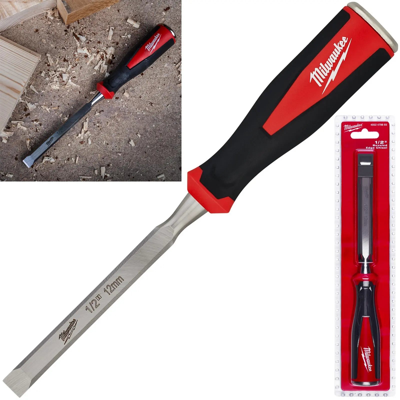 Milwaukee Beveled Edge Wood Chisel 12mm 1/2" All Metal Core with Striking Cap  White Rose Tools