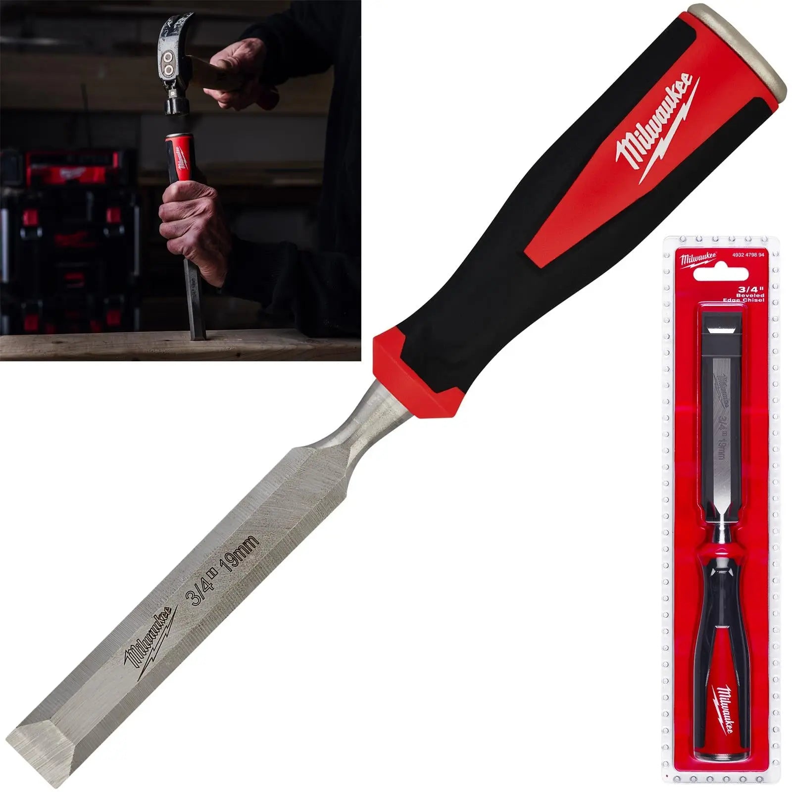 Milwaukee Beveled Edge Wood Chisel 19mm 3/4" All Metal Core with Striking Cap  White Rose Tools