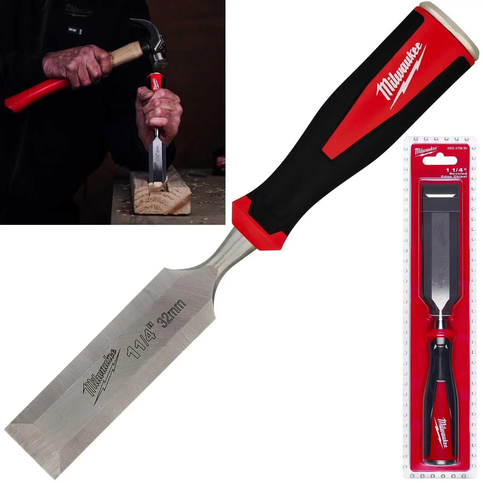 Milwaukee Beveled Edge Wood Chisel 32mm 1-1/4" All Metal Core with Striking Cap  White Rose Tools