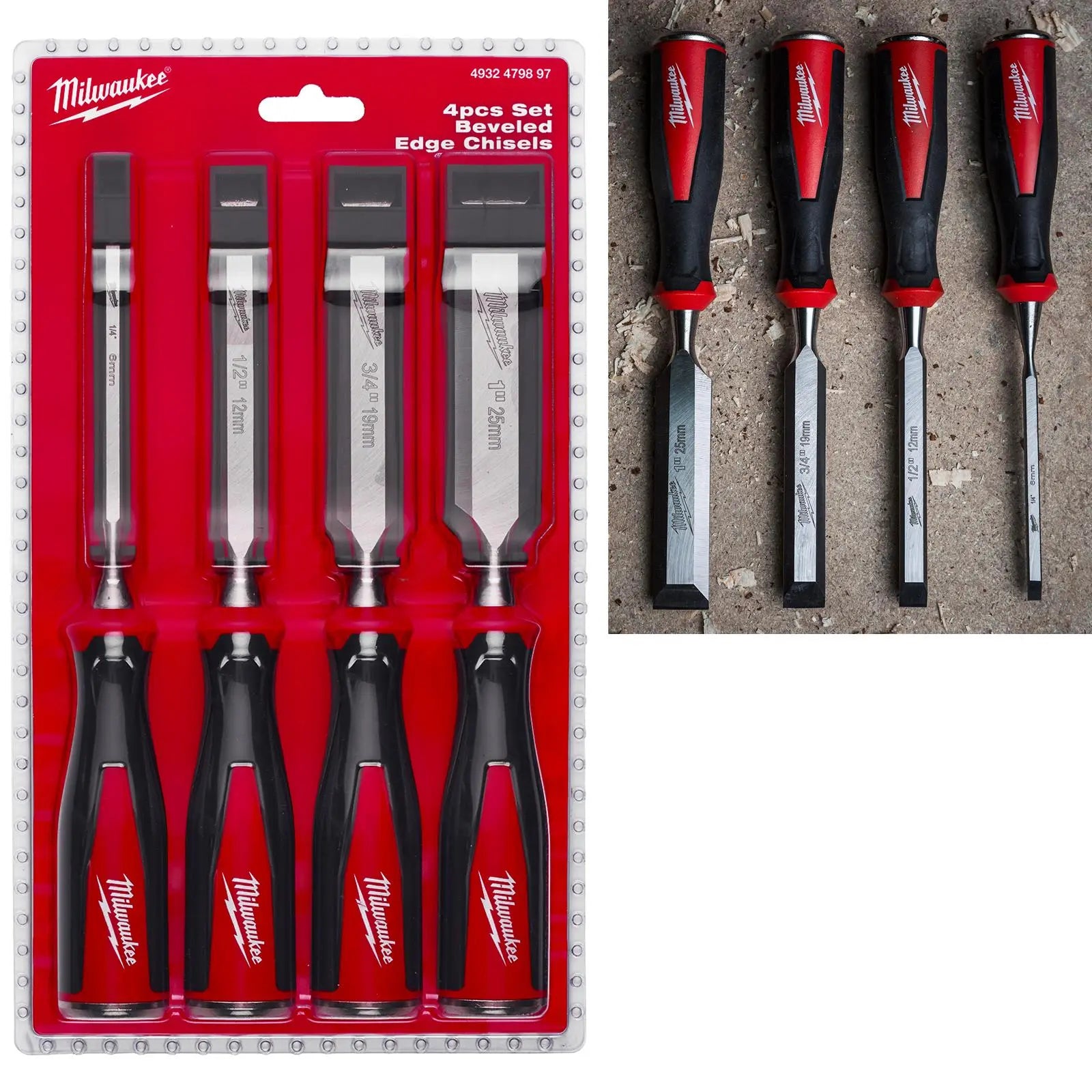 Milwaukee Beveled Edge Wood Chisel Set 4 Piece 6-25mm All Metal Core with Striking Cap  White Rose Tools