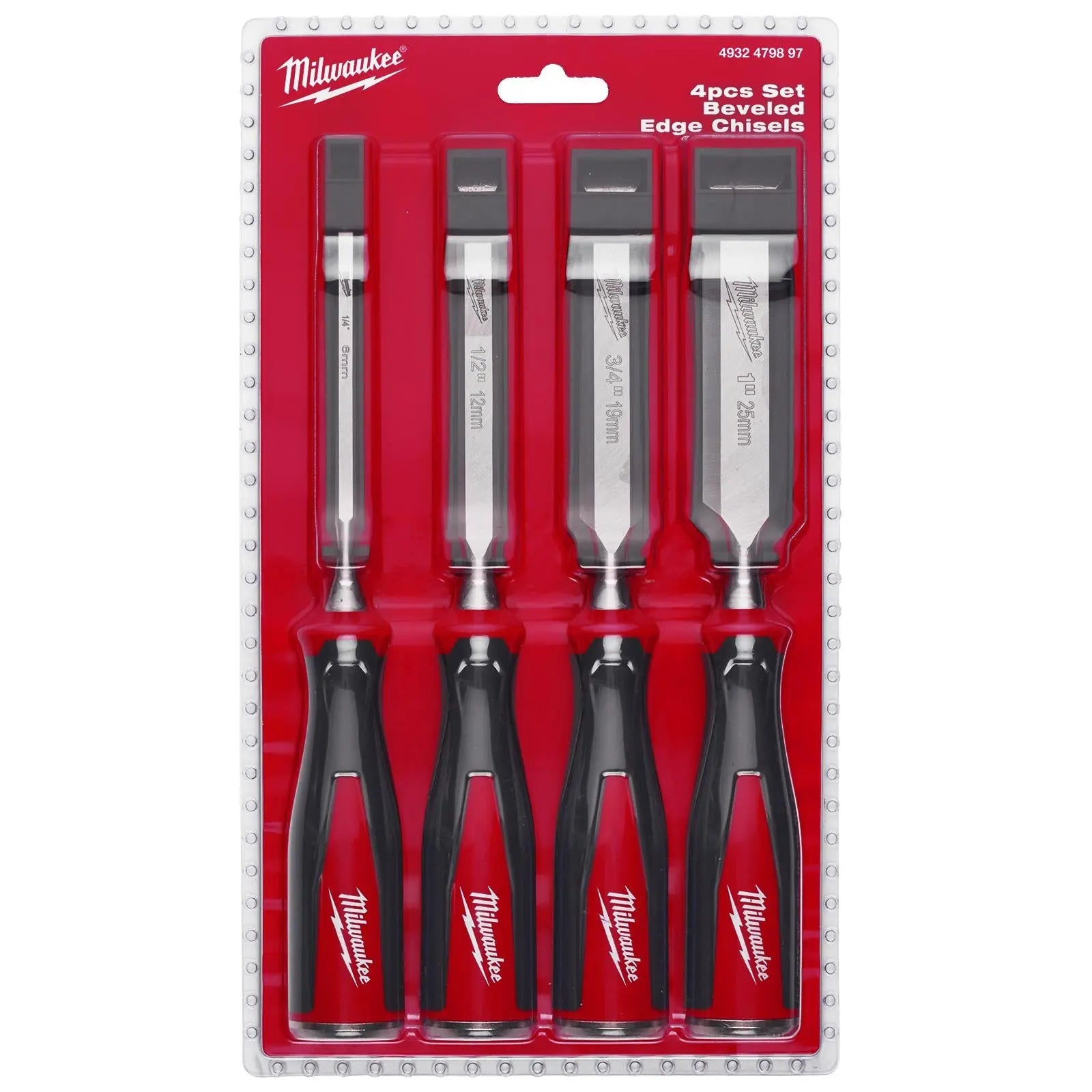 Milwaukee Beveled Edge Wood Chisel Set 4 Piece 6-25mm All Metal Core with Striking Cap  White Rose Tools