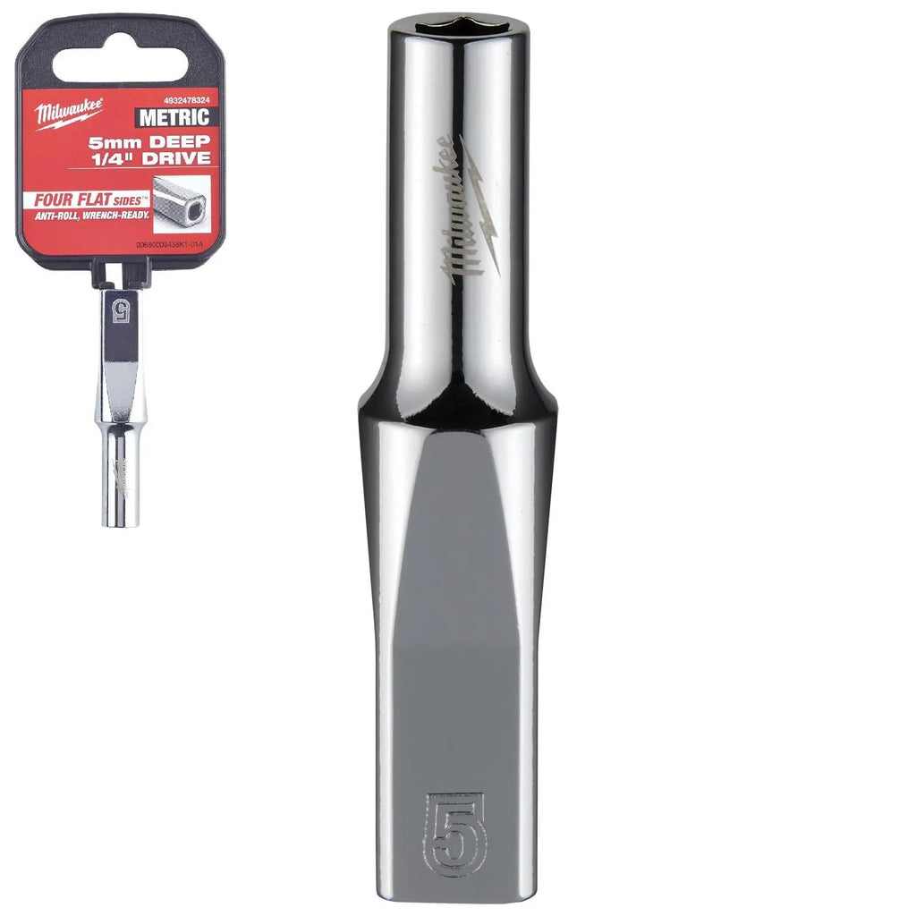 Milwaukee Chrome Socket 1/4" Drive Four Flat Sides Metric Deep 4-15mm Individual  White Rose Tools