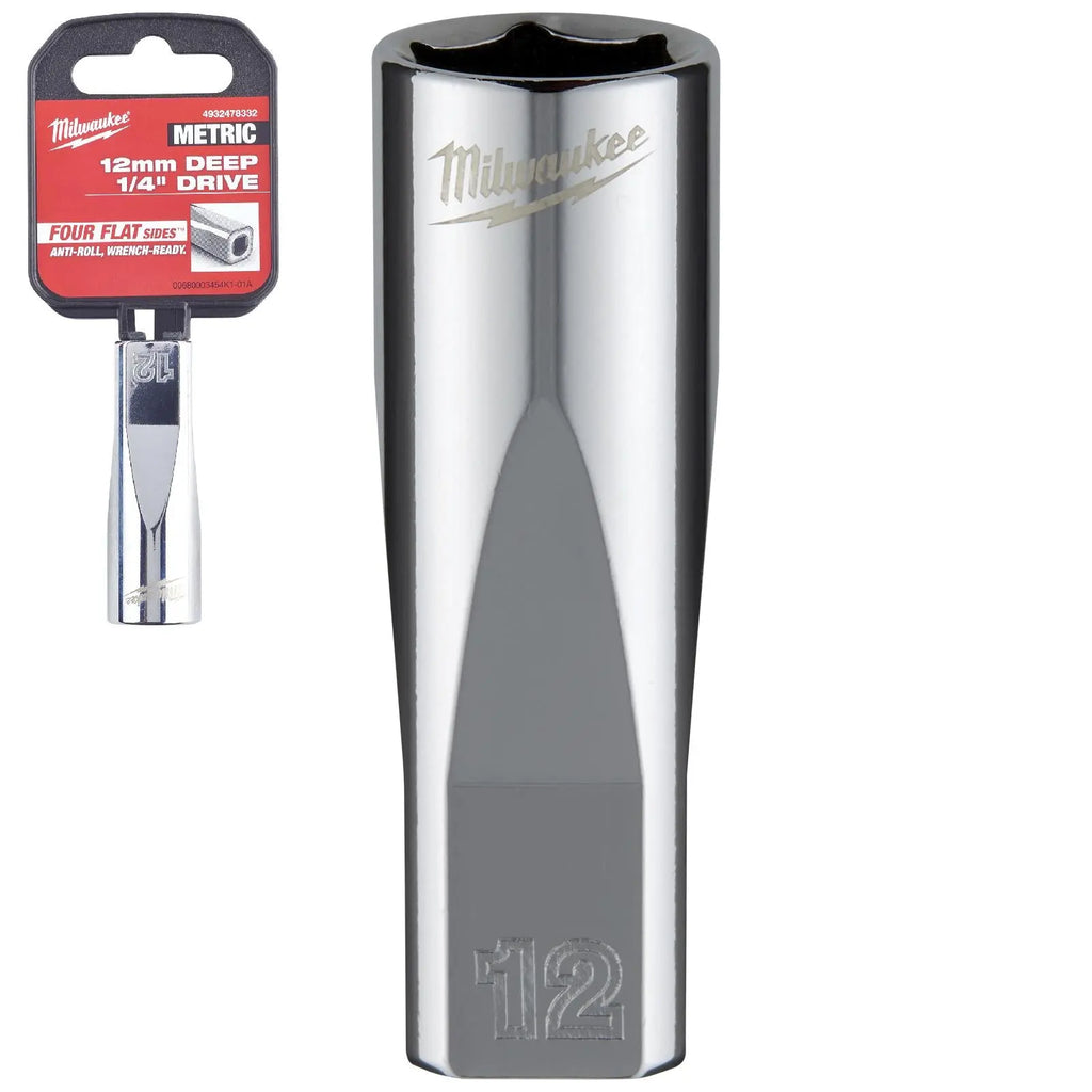 Milwaukee Chrome Socket 1/4" Drive Four Flat Sides Metric Deep 4-15mm Individual  White Rose Tools