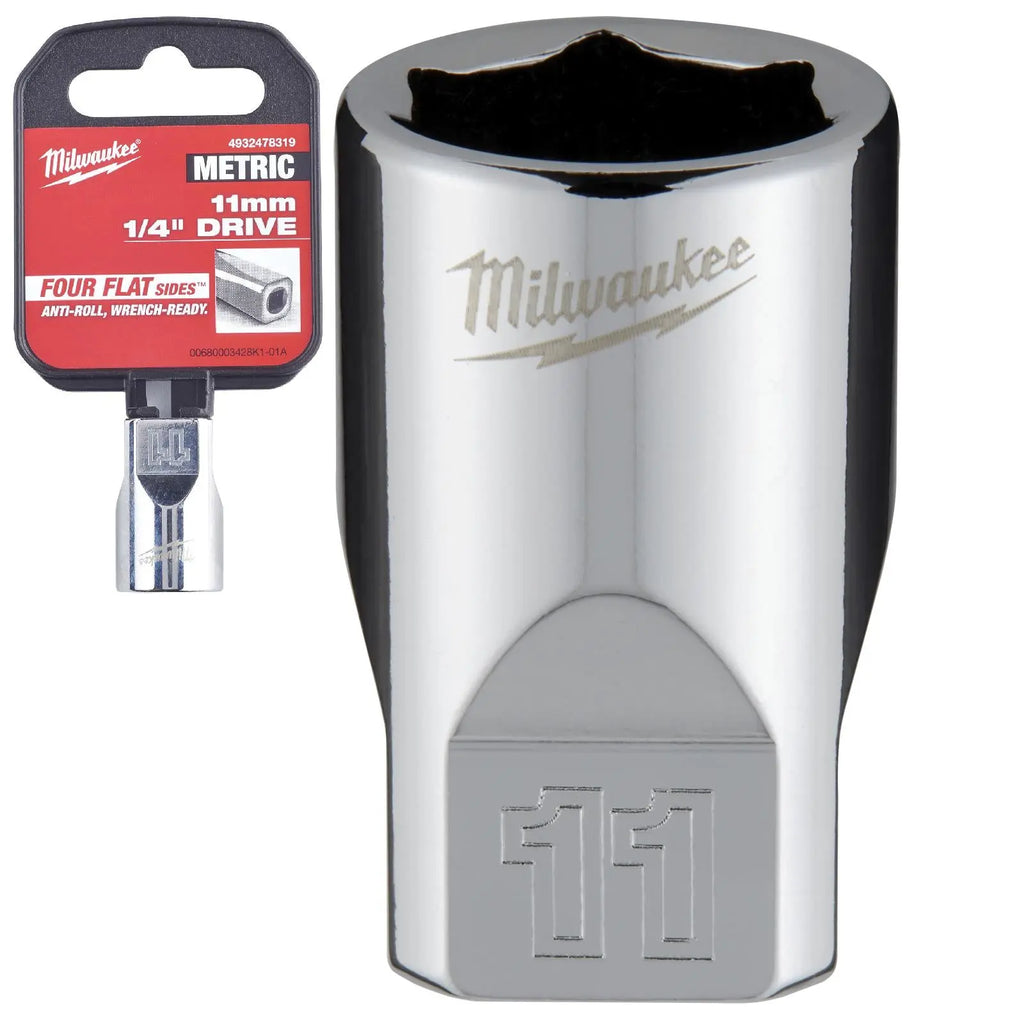 Milwaukee Chrome Socket 1/4" Drive Four Flat Sides Metric Standard 4-15mm Individual  White Rose Tools
