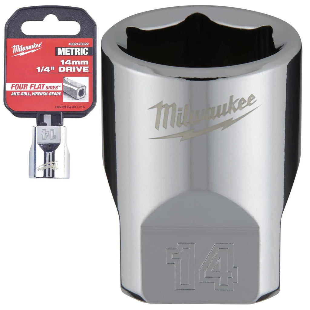 Milwaukee Chrome Socket 1/4" Drive Four Flat Sides Metric Standard 4-15mm Individual  White Rose Tools