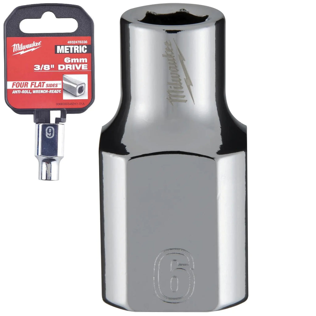 Milwaukee Chrome Socket 3/8" Drive Four Flat Sides Metric Standard 6-24mm Individual  White Rose Tools