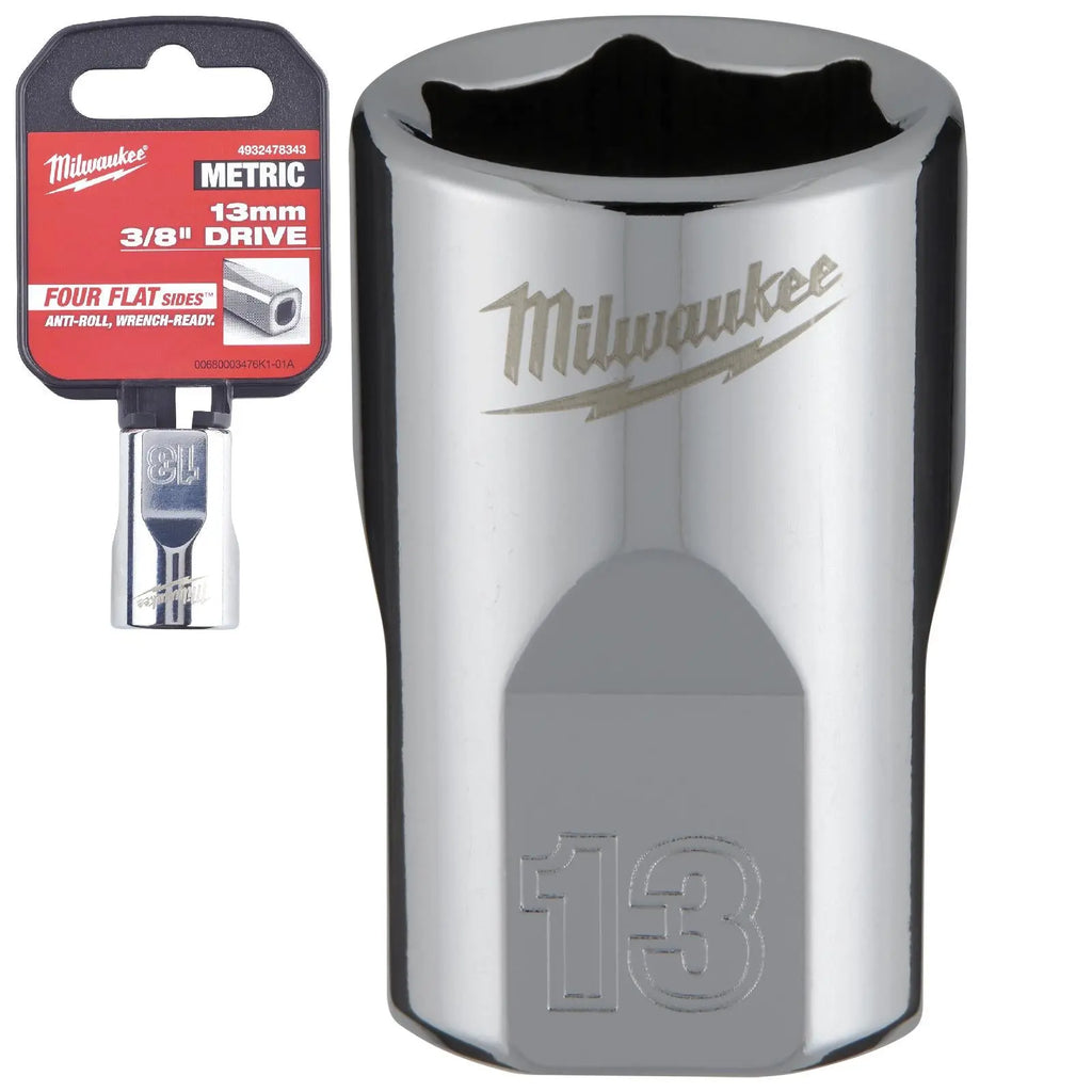 Milwaukee Chrome Socket 3/8" Drive Four Flat Sides Metric Standard 6-24mm Individual  White Rose Tools