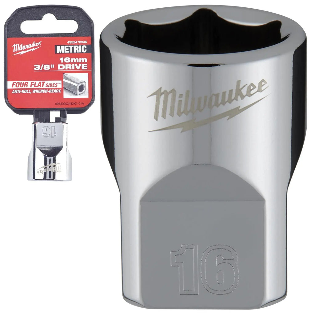 Milwaukee Chrome Socket 3/8" Drive Four Flat Sides Metric Standard 6-24mm Individual  White Rose Tools