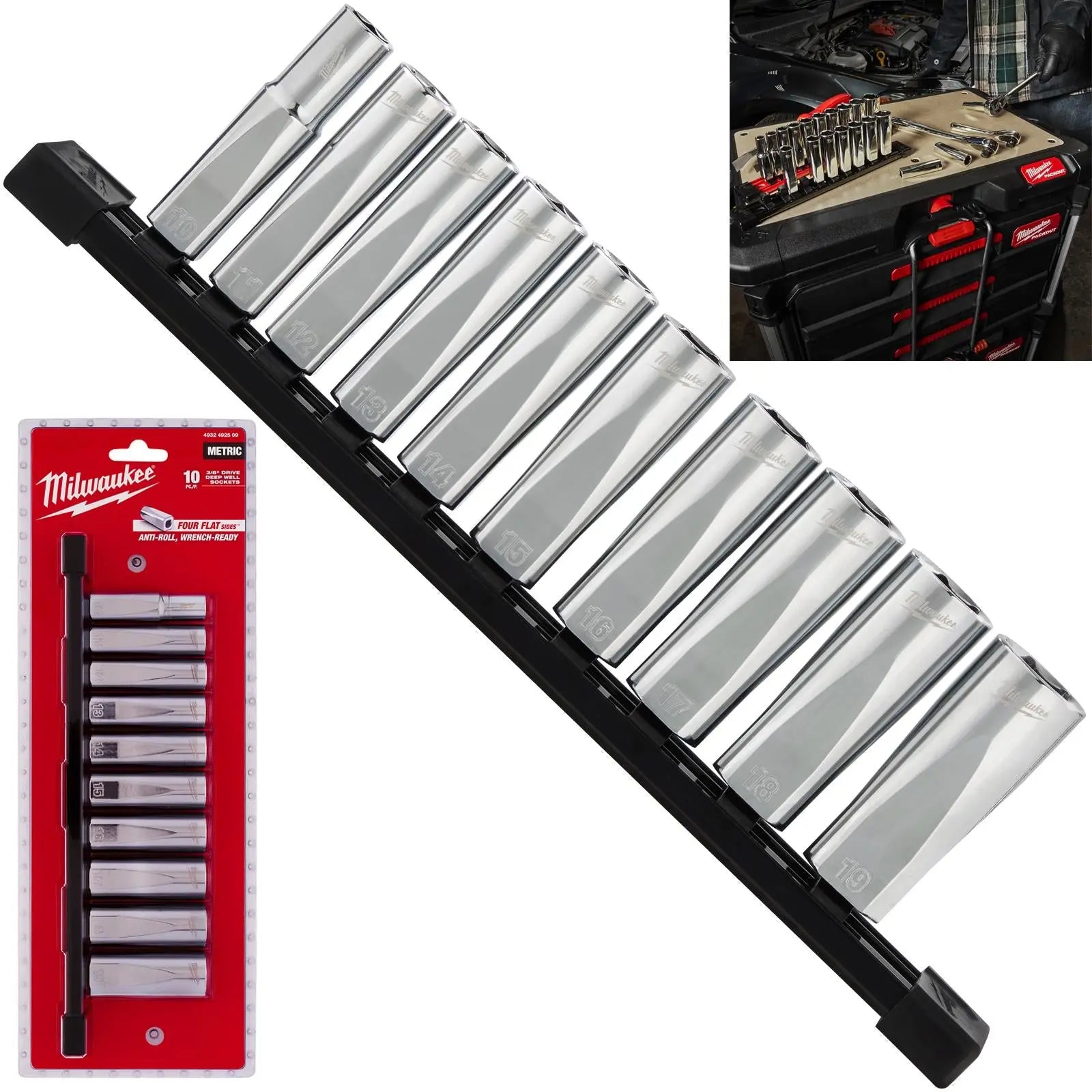 Milwaukee Chrome Socket Set Deep on Socket Rail 3/8" Drive Metric 10-19mm  White Rose Tools