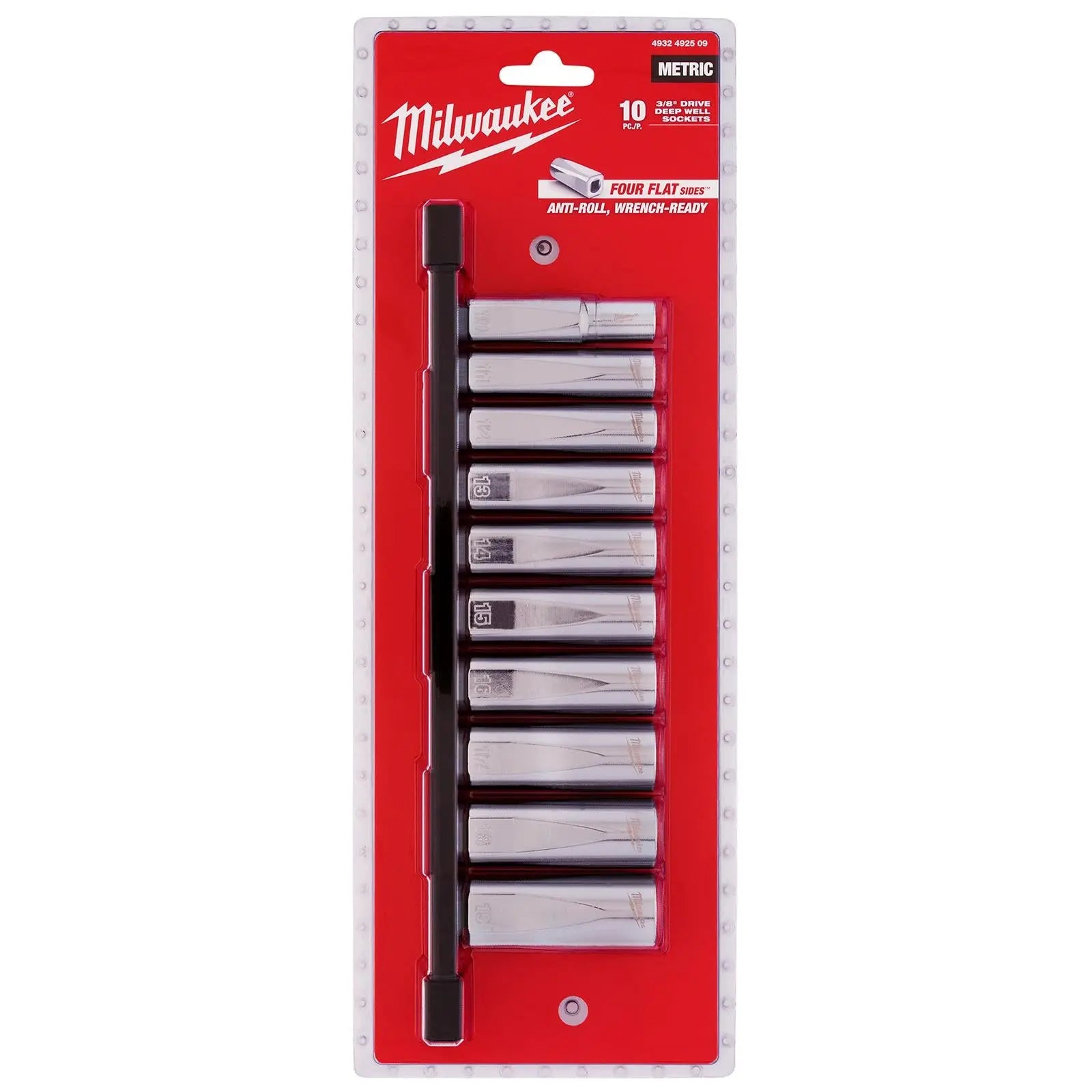 Milwaukee Chrome Socket Set Deep on Socket Rail 3/8" Drive Metric 10-19mm  White Rose Tools