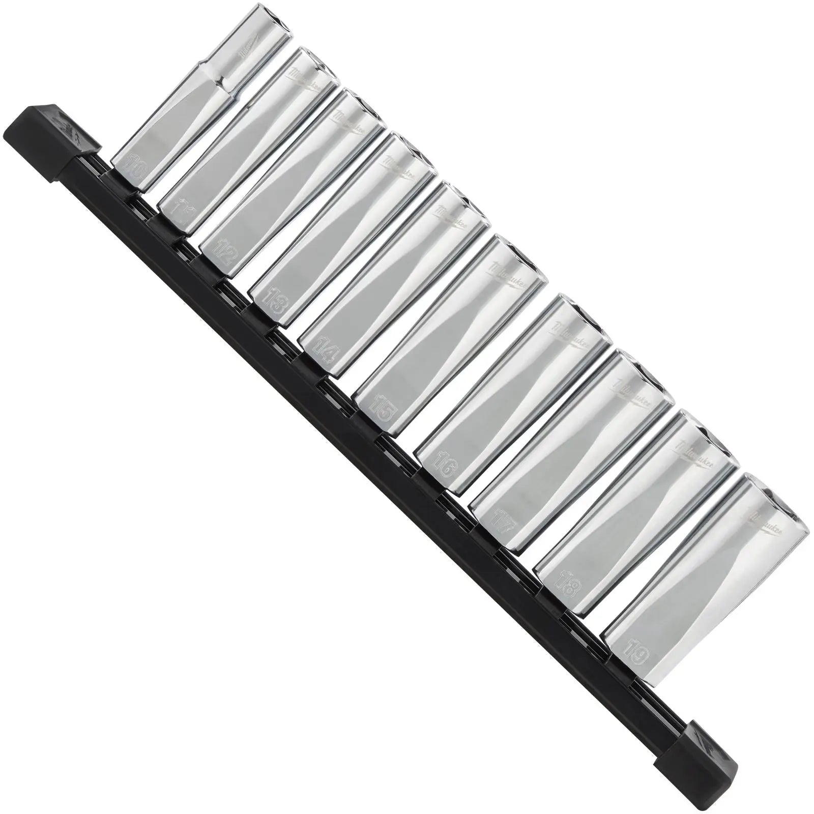 Milwaukee Chrome Socket Set Deep on Socket Rail 3/8" Drive Metric 10-19mm  White Rose Tools