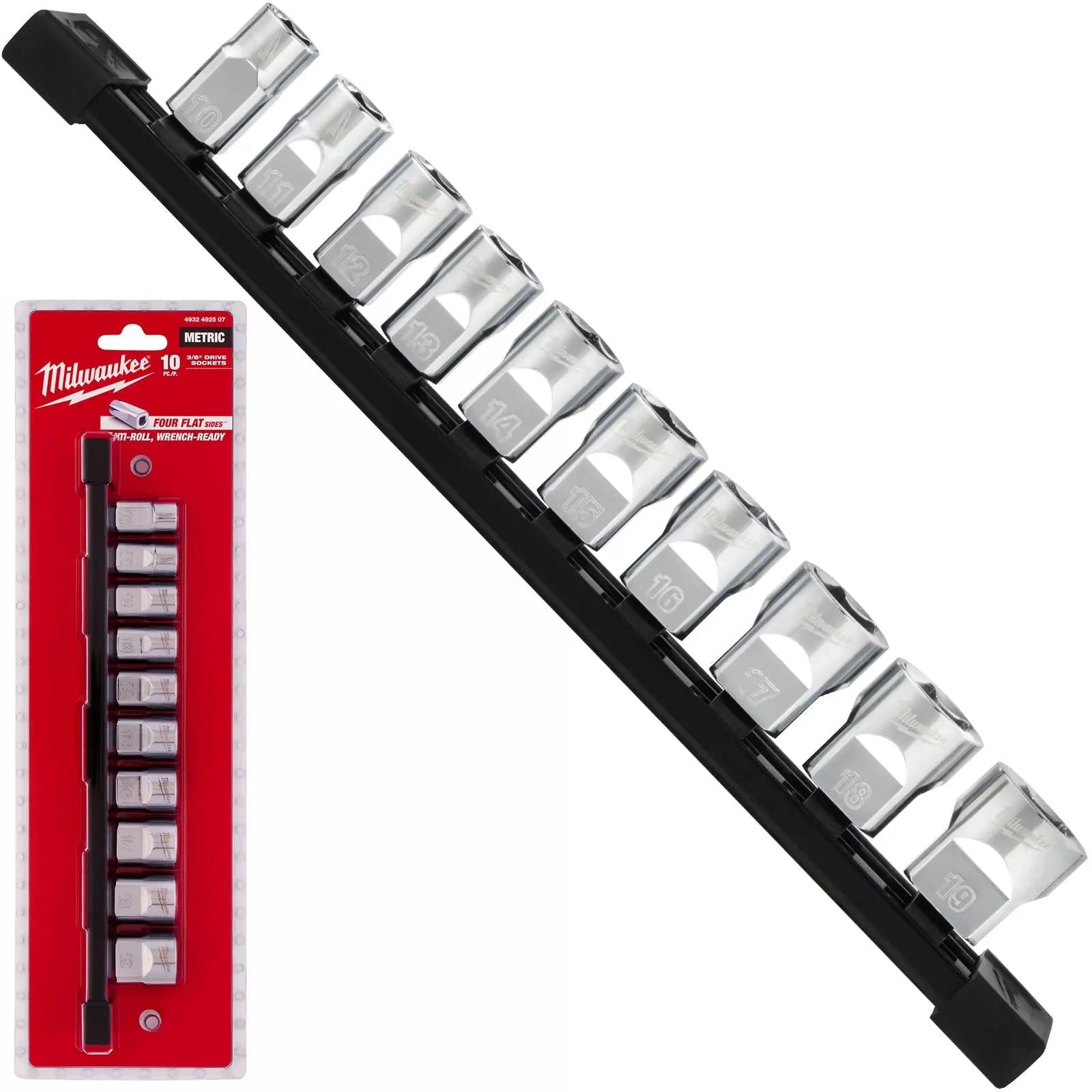 Milwaukee Chrome Socket Set on Socket Rail 3/8" Drive Metric 10-19mm  White Rose Tools