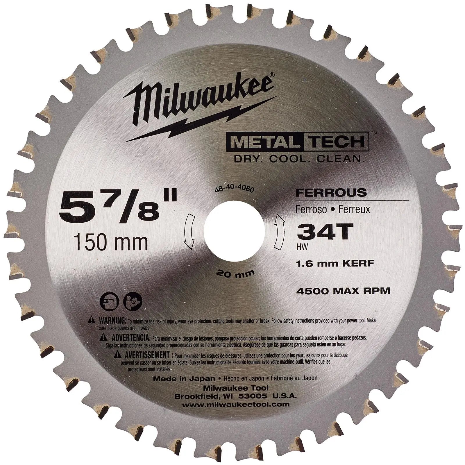 Milwaukee Circular Saw Blade for Metal 150mm x 20mm Bore 34 Tooth  White Rose Tools