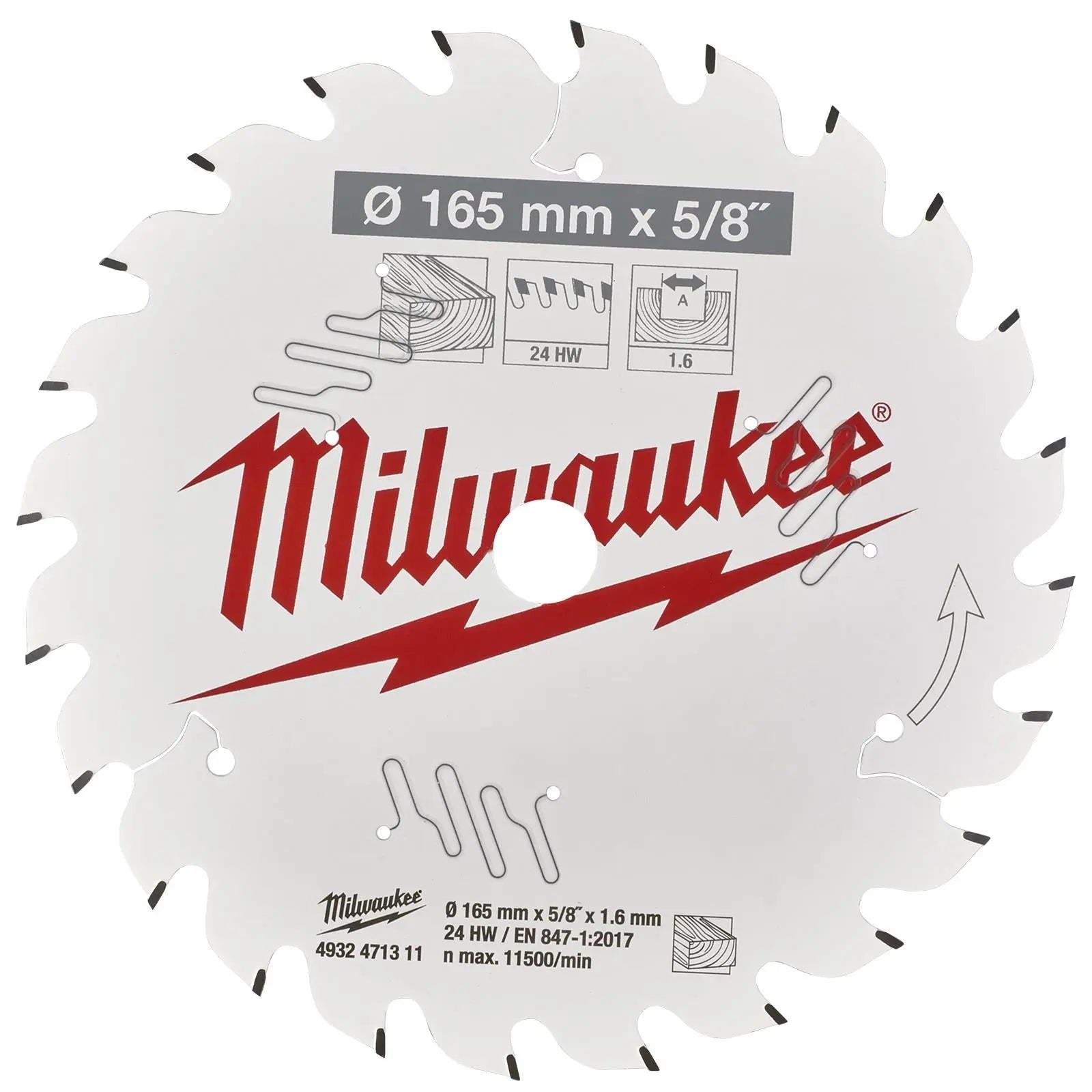 Milwaukee Circular Saw Blade for Wood 165mm x 5/8" Bore x 1.6mm Width 24T ATB 