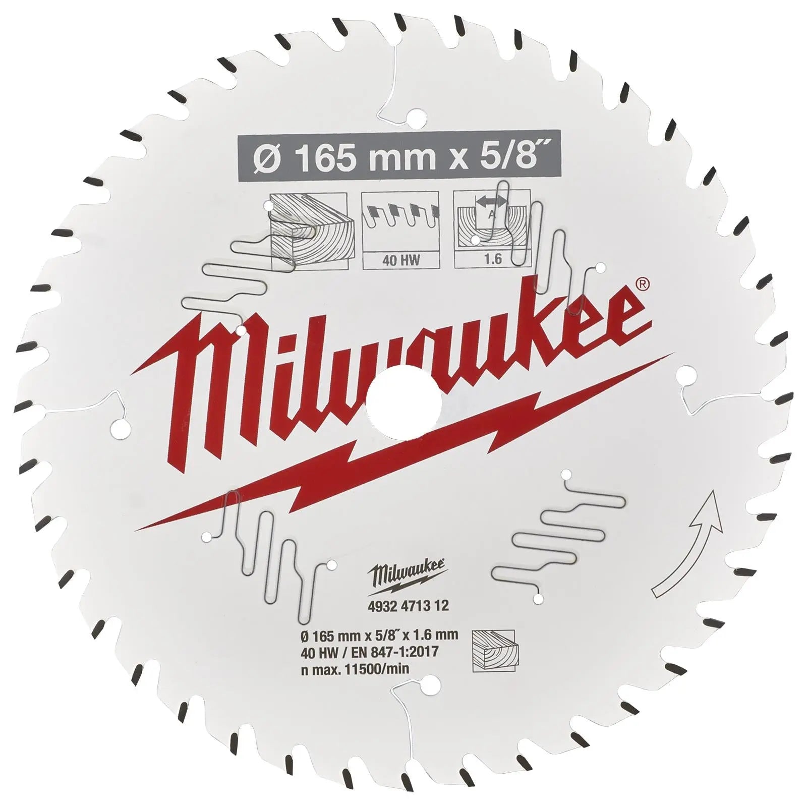 Milwaukee Circular Saw Blade for Wood Clean Cut 165mm x 5/8" Bore x 1.6mm Width 40T ATB 
