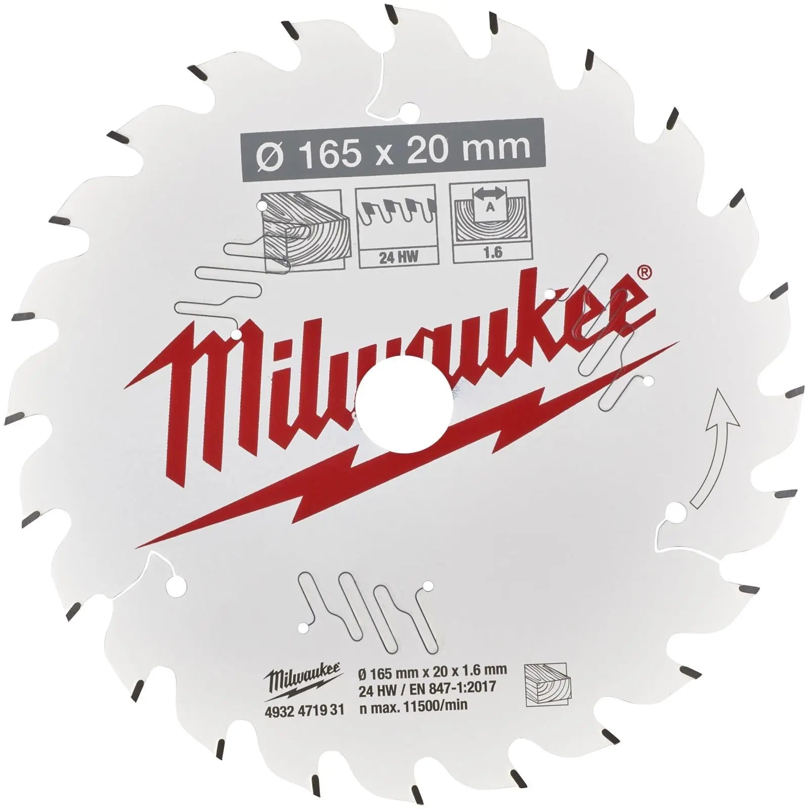 Milwaukee Circular Saw Blade for Wood Hand Held Circ Saws 165mm x 20mm 24T 1.6mm Kerf  White Rose Tools