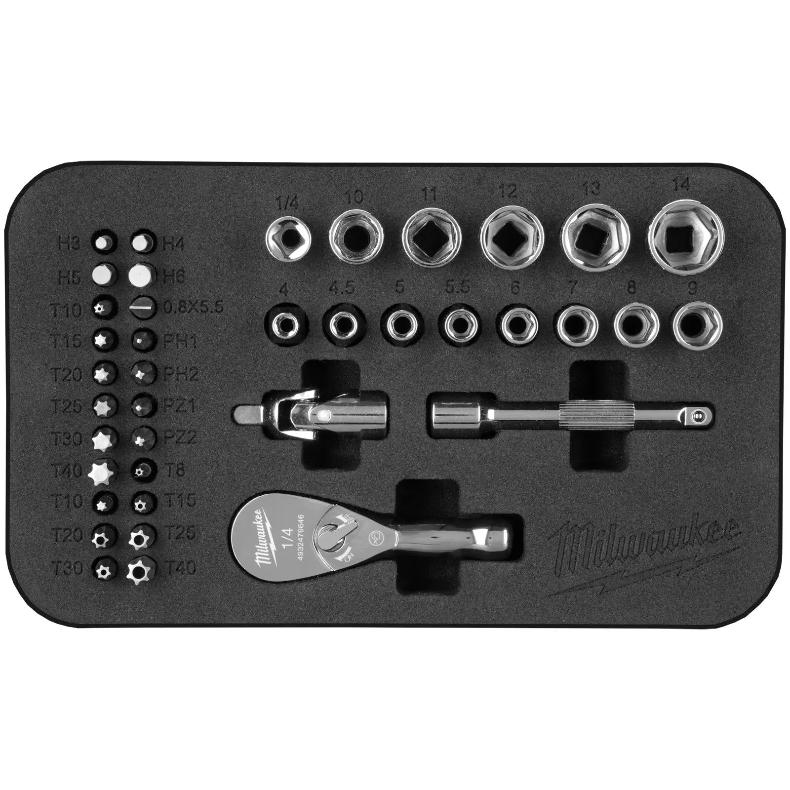Milwaukee Compact Ratchet Set 1/4" Drive 4-14mm in Textile Case 39 Pieces  White Rose Tools