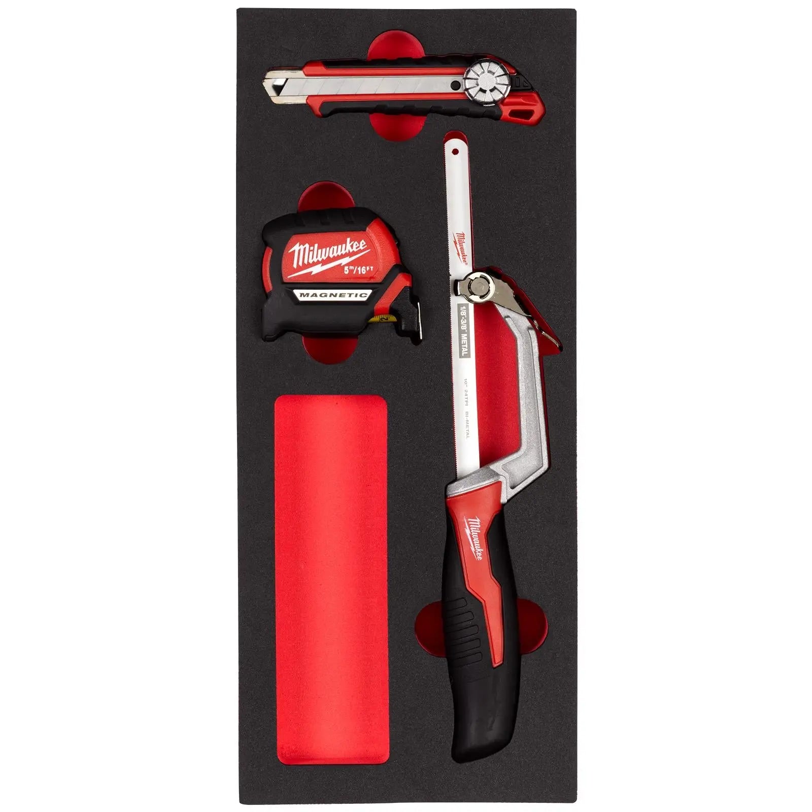 Milwaukee Cutting and Measuring Set EVA Foam Insert 3 Pieces Tape Measure Hacksaw  White Rose Tools