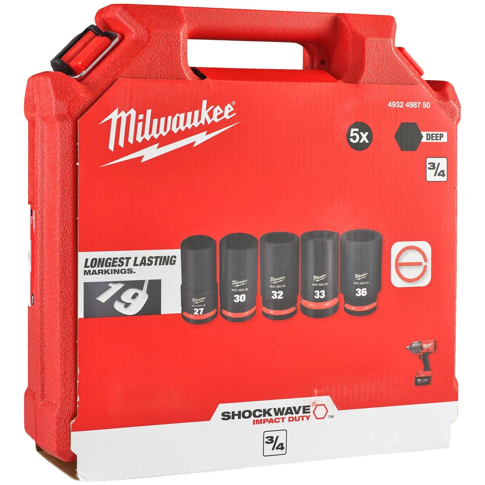 Milwaukee Deep SHOCKWAVE Impact Socket Set 3/4" Drive 5 Piece 27-36mm  White Rose Tools
