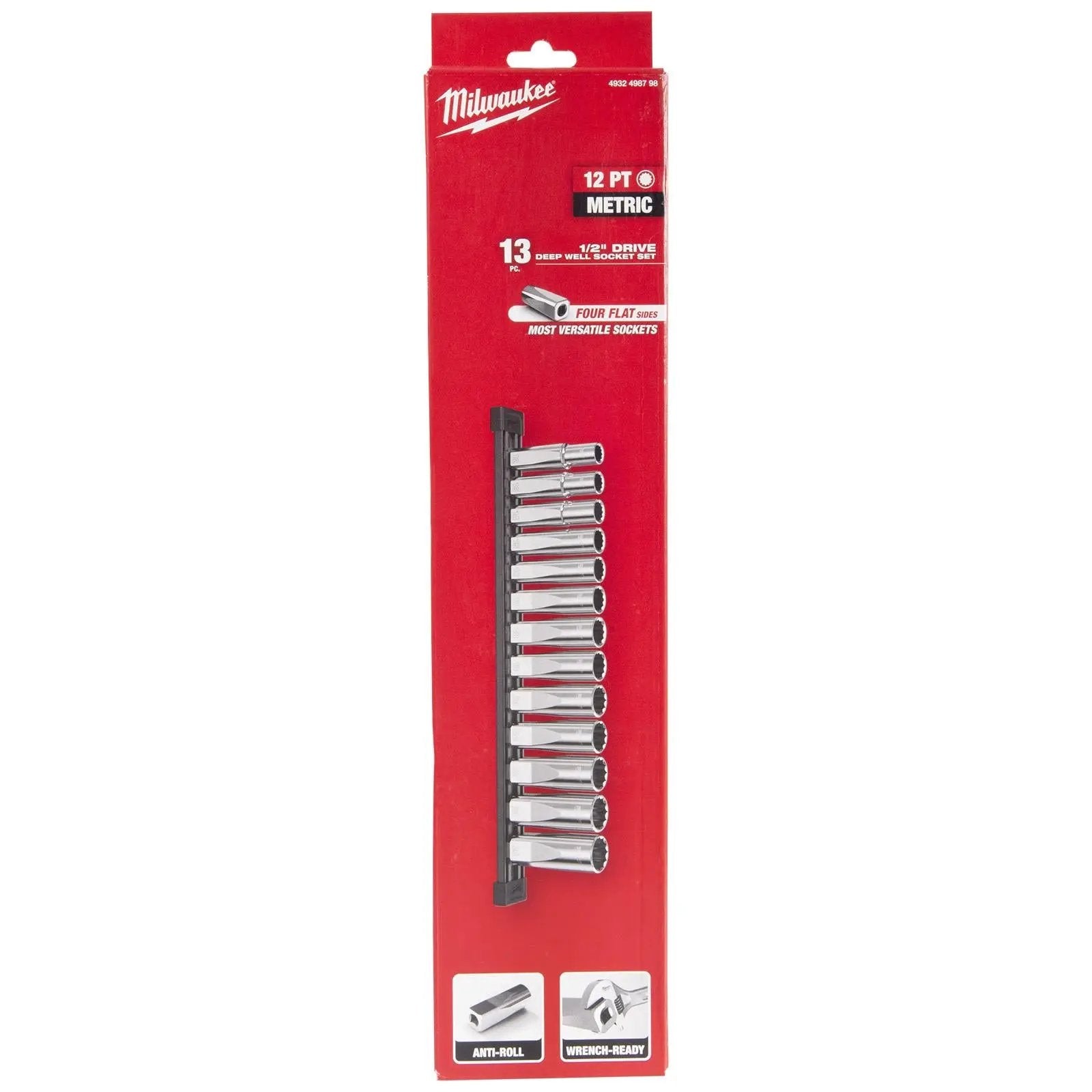 Milwaukee Deep Socket Set 12 Point 1/2" Drive 13 Piece on Socket Rail 12-24mm  White Rose Tools