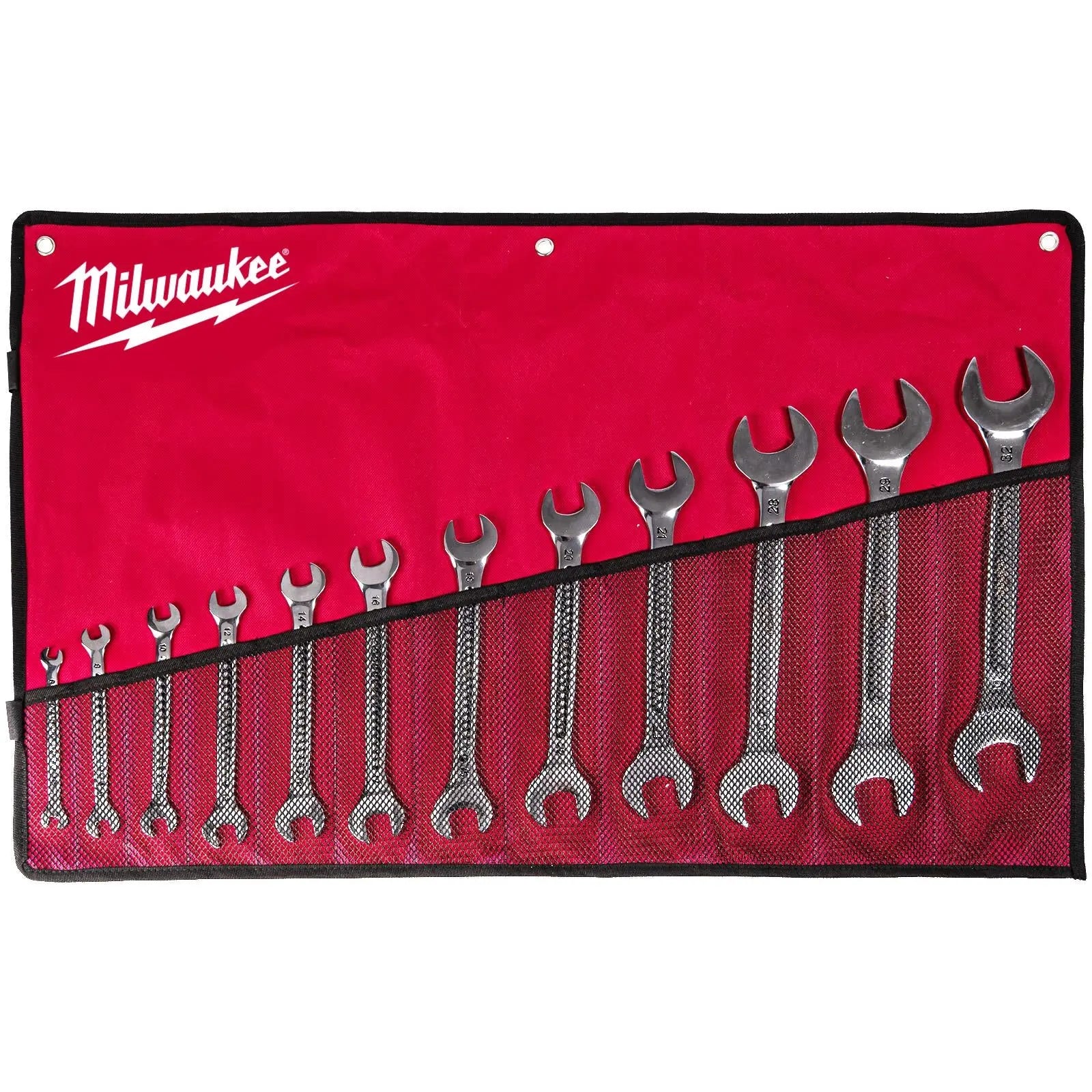 Milwaukee Double Open End Spanner Set in Tool Roll 12 Piece 6-32mm  White Rose Tools