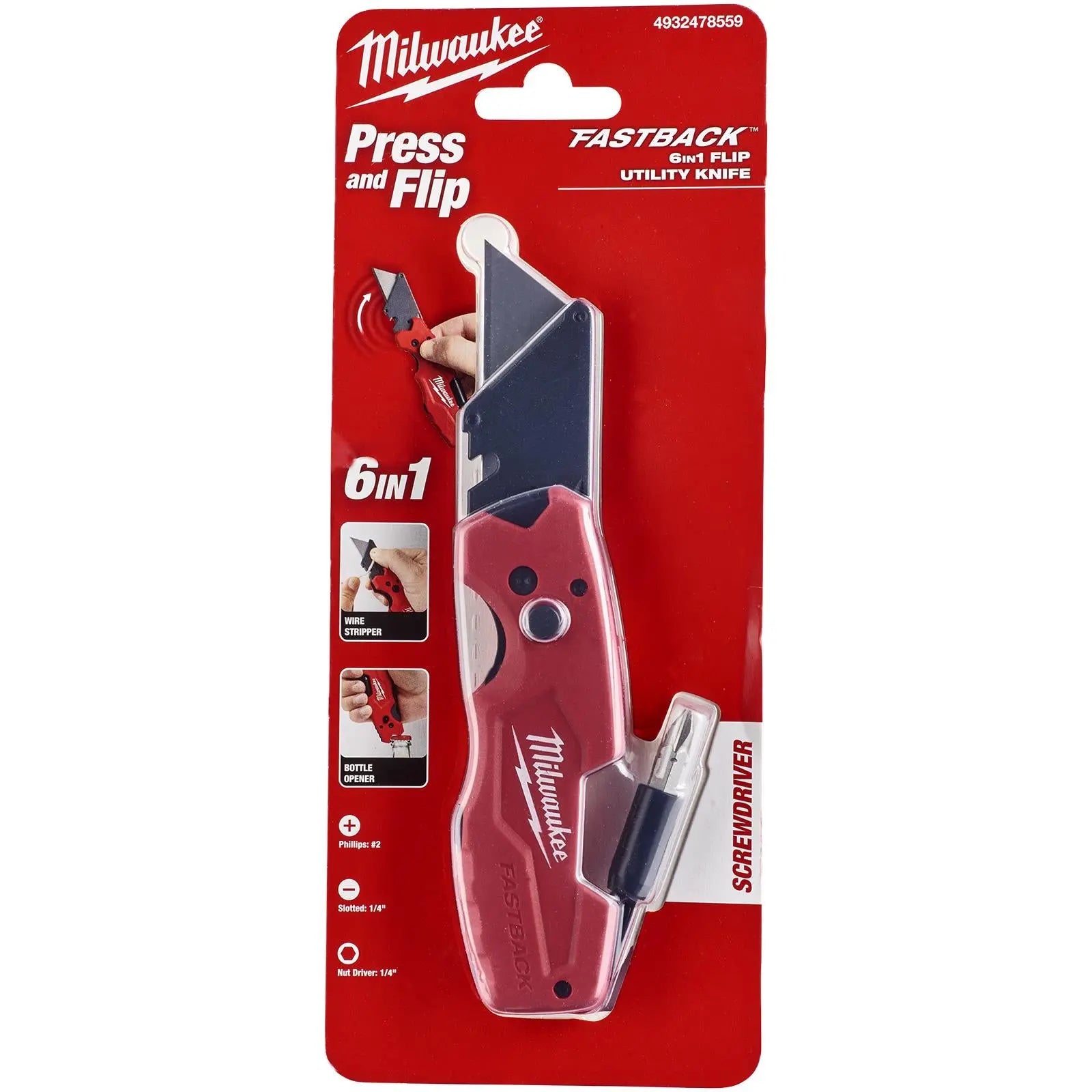 Milwaukee FASTBACK Utility Knife 6 in 1 Cutting Blade Screwdriver Bit Holder 