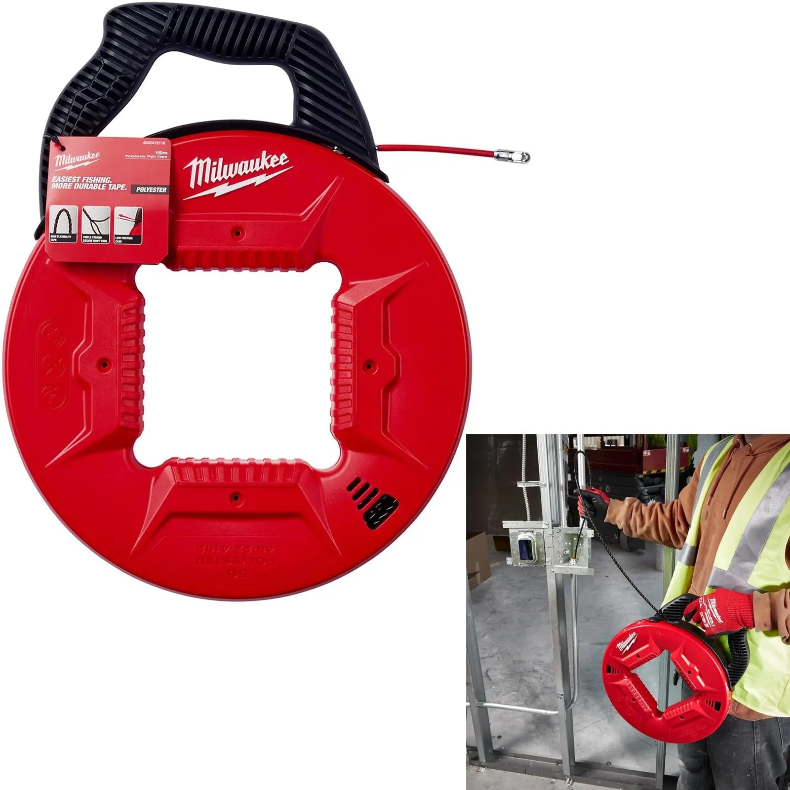 Milwaukee Fish Tape Polyester Non-Conductive 15m Cable Management Draw Wire Pulling Electrician 