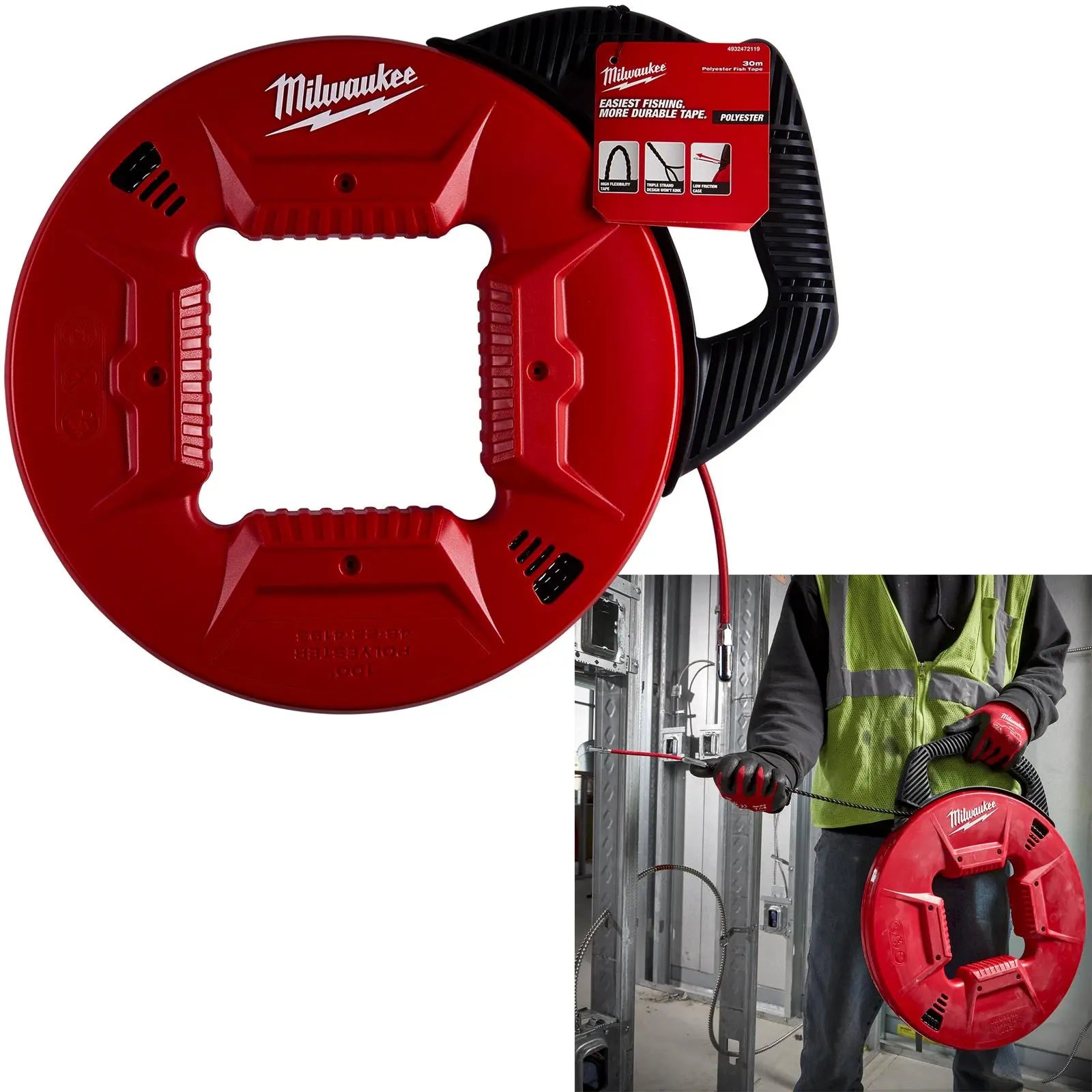 Milwaukee Fish Tape Polyester Non-Conductive 30m Cable Management Draw Wire Pulling Electrician 