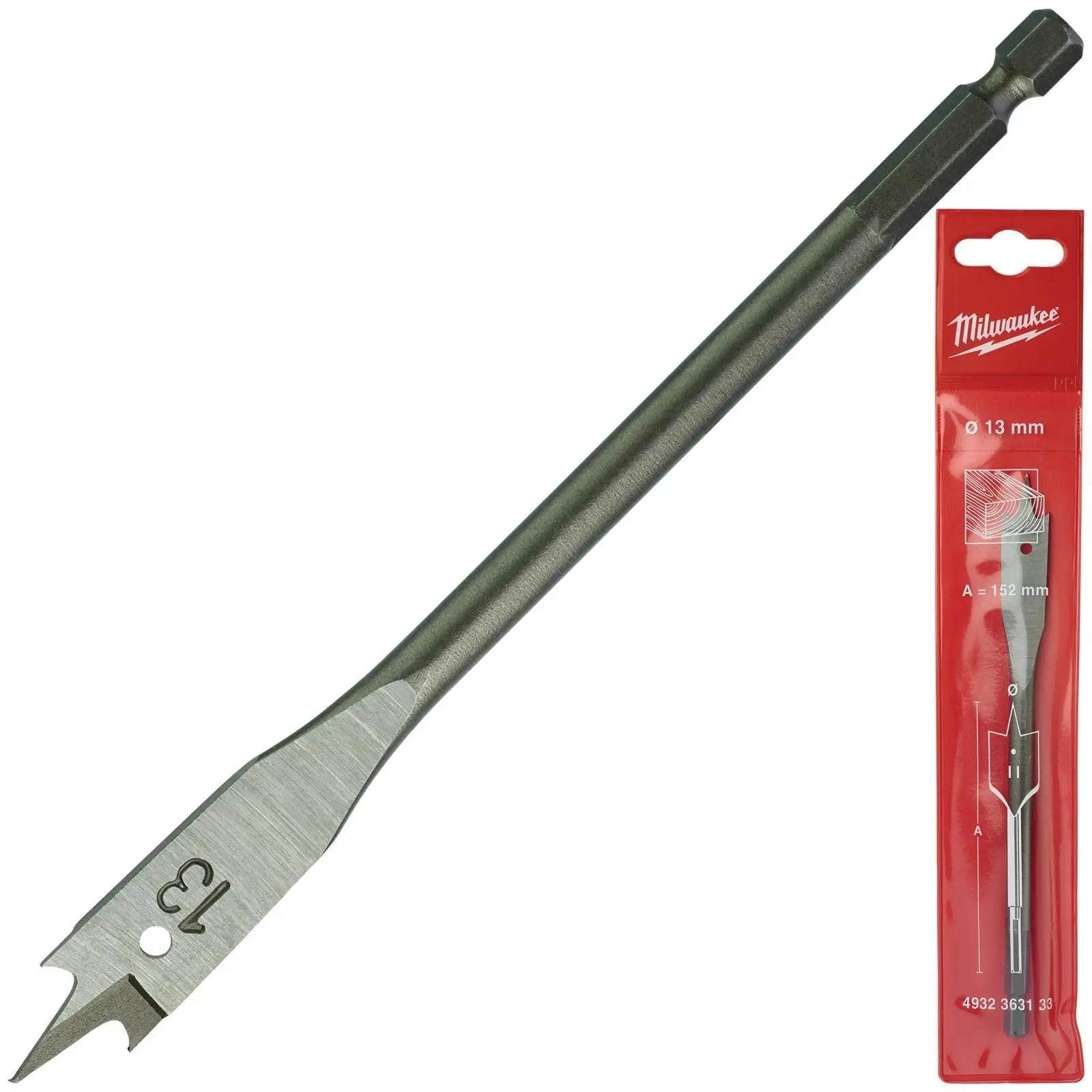 Milwaukee Flat Wood Boring Drill Bits 152mm Length 1/4" Hex Shank 