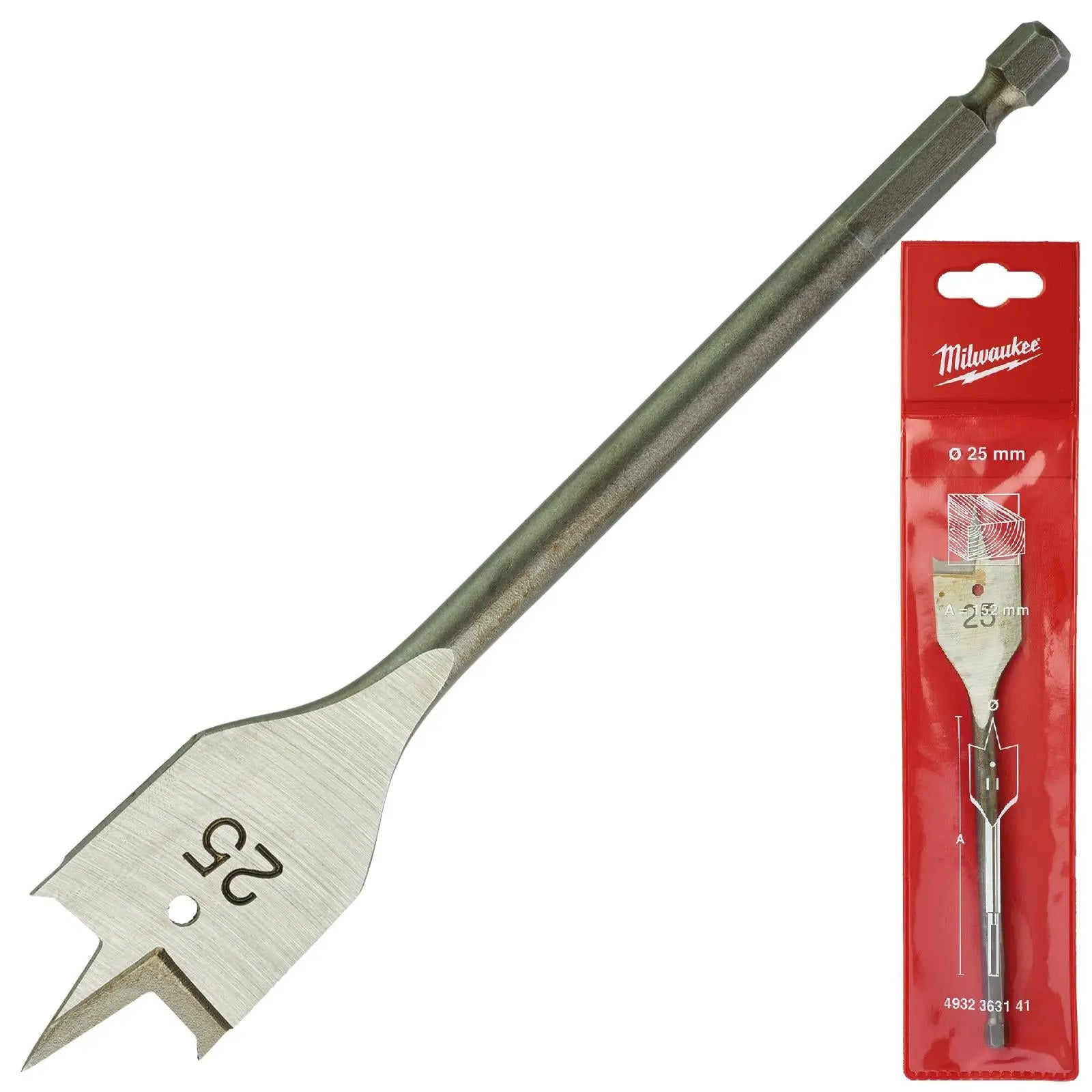 Milwaukee Flat Wood Boring Drill Bits 152mm Length 1/4" Hex Shank 
