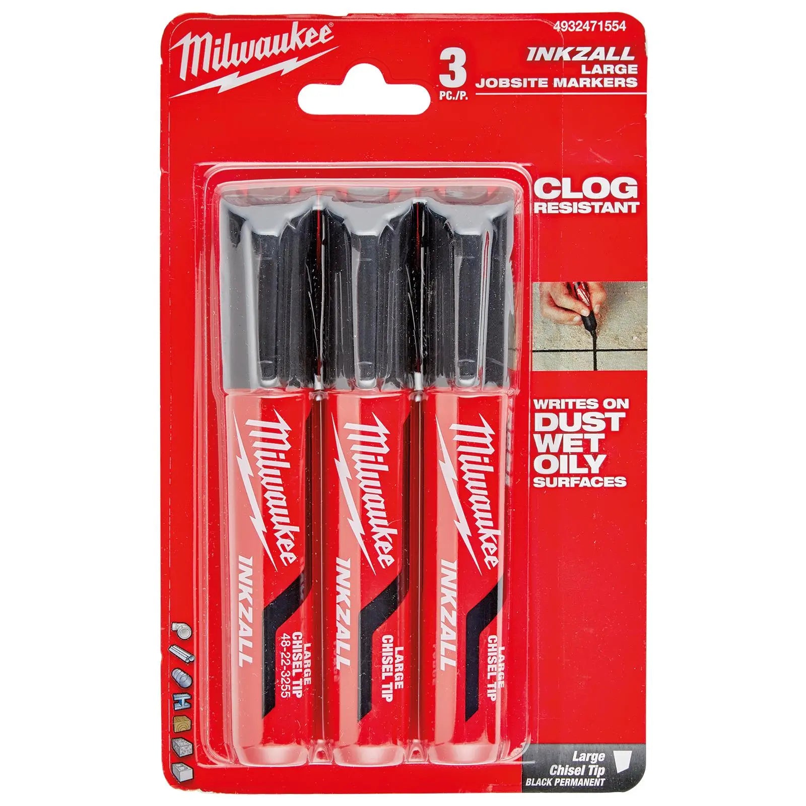 Milwaukee INKZALL Chisel Tip Marker Pen 3 Piece Black 