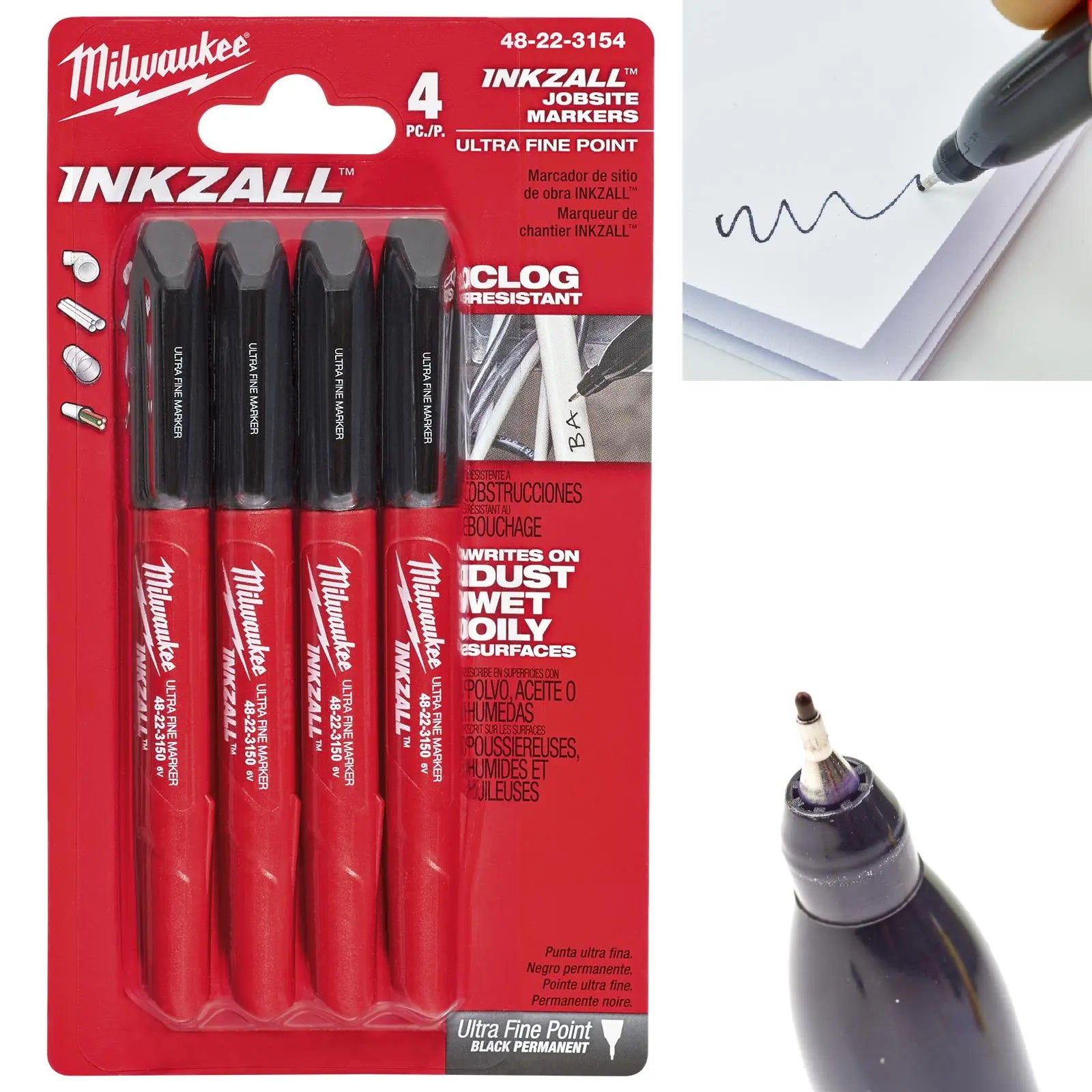 Milwaukee INKZALL Ultra Fine Tip Marker Pens 4 Pack Black 0.6mm Tip 