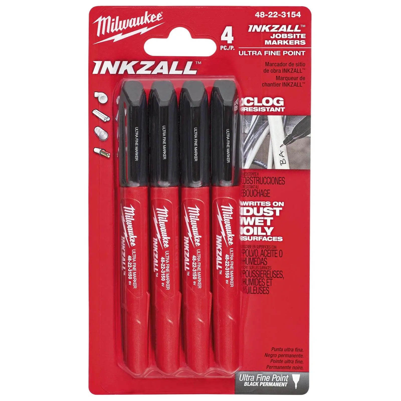 Milwaukee INKZALL Ultra Fine Tip Marker Pens 4 Pack Black 0.6mm Tip 