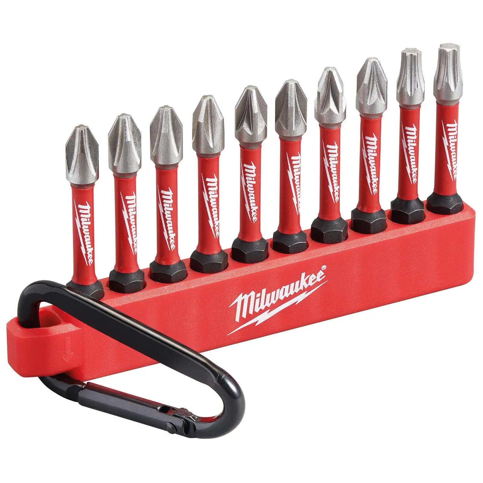 Milwaukee Impact Screwdriver Bit Set 2 Carabiner 10 Piece SHOCKWAVE Impact Duty 50mm  White Rose Tools
