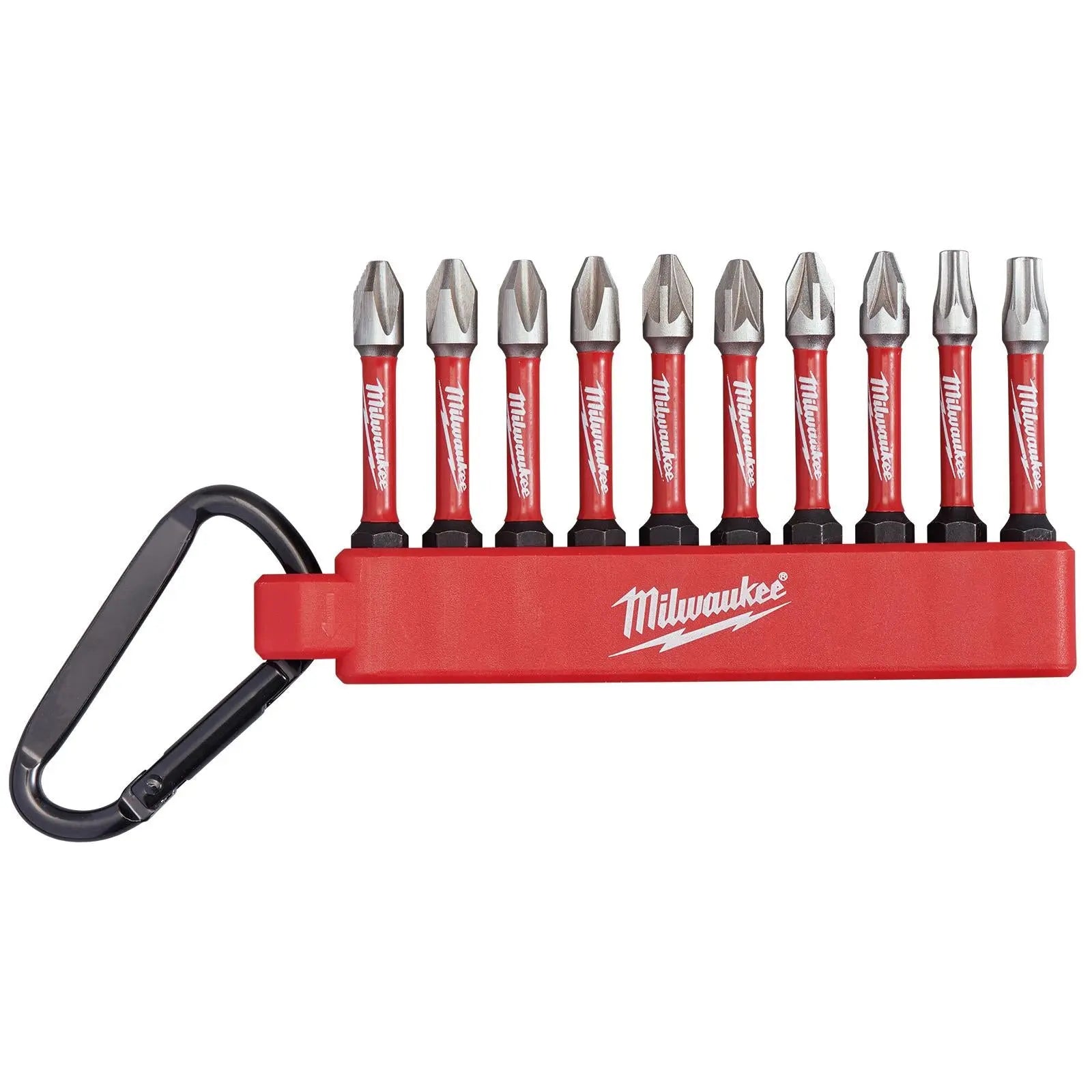Milwaukee Impact Screwdriver Bit Set 2 Carabiner 10 Piece SHOCKWAVE Impact Duty 50mm  White Rose Tools