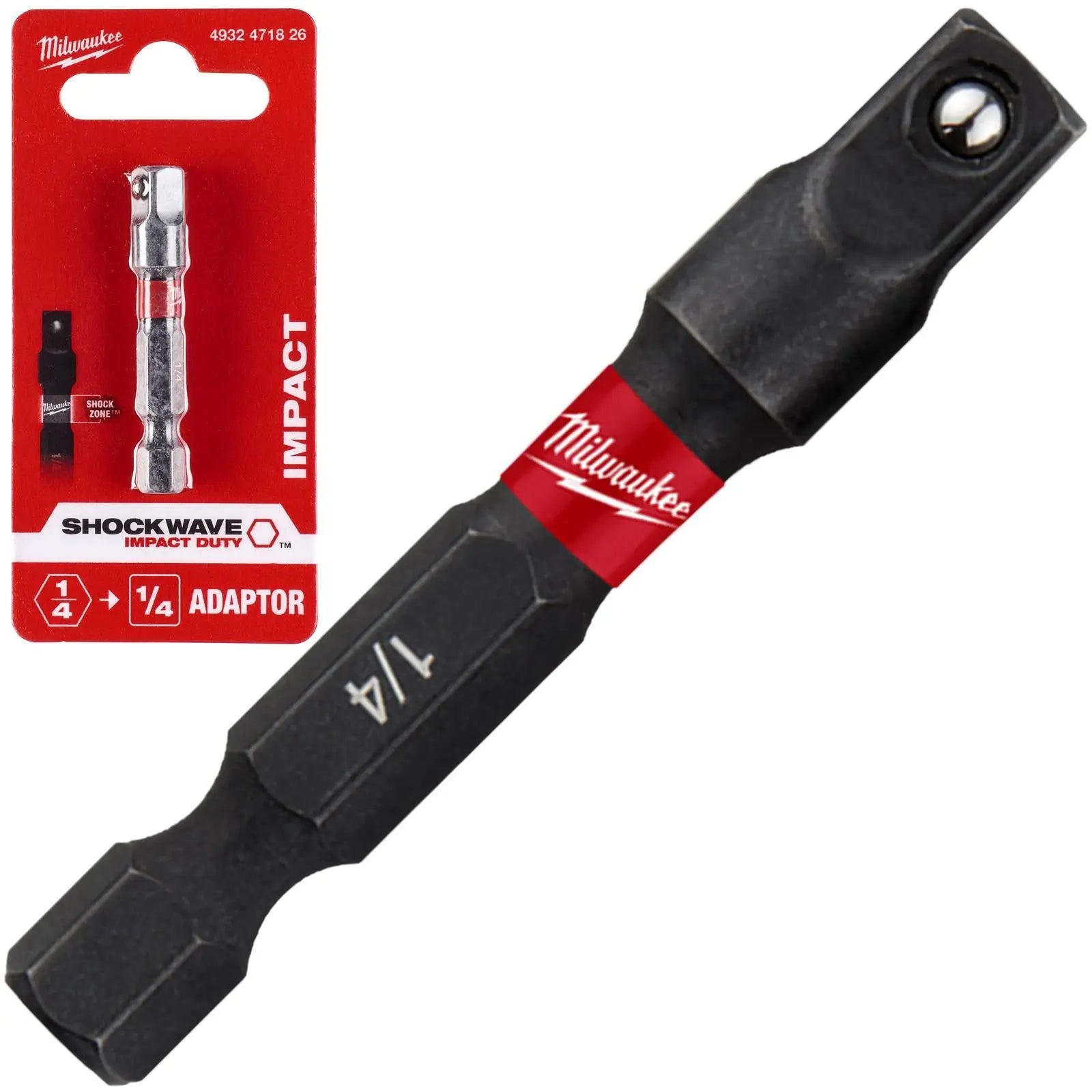 Milwaukee Impact Socket Adaptor 1/4" Hex to 1/4" Square Drive Shockwave Impact Duty 