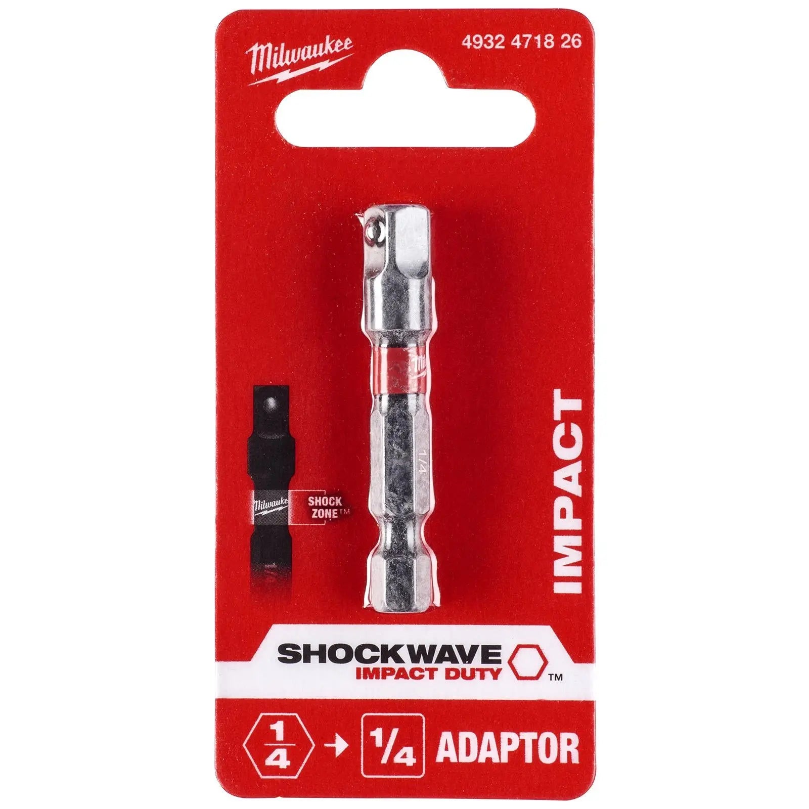 Milwaukee Impact Socket Adaptor 1/4" Hex to 1/4" Square Drive Shockwave Impact Duty 