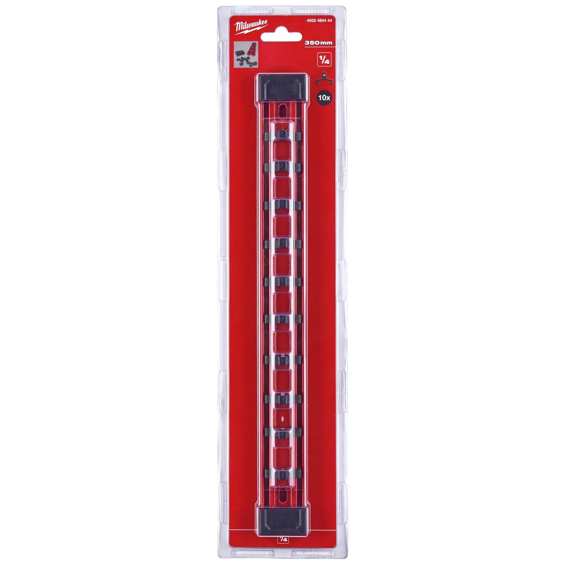 Milwaukee Impact Socket Rail 1/4" Drive 350mm with 10 Clips 