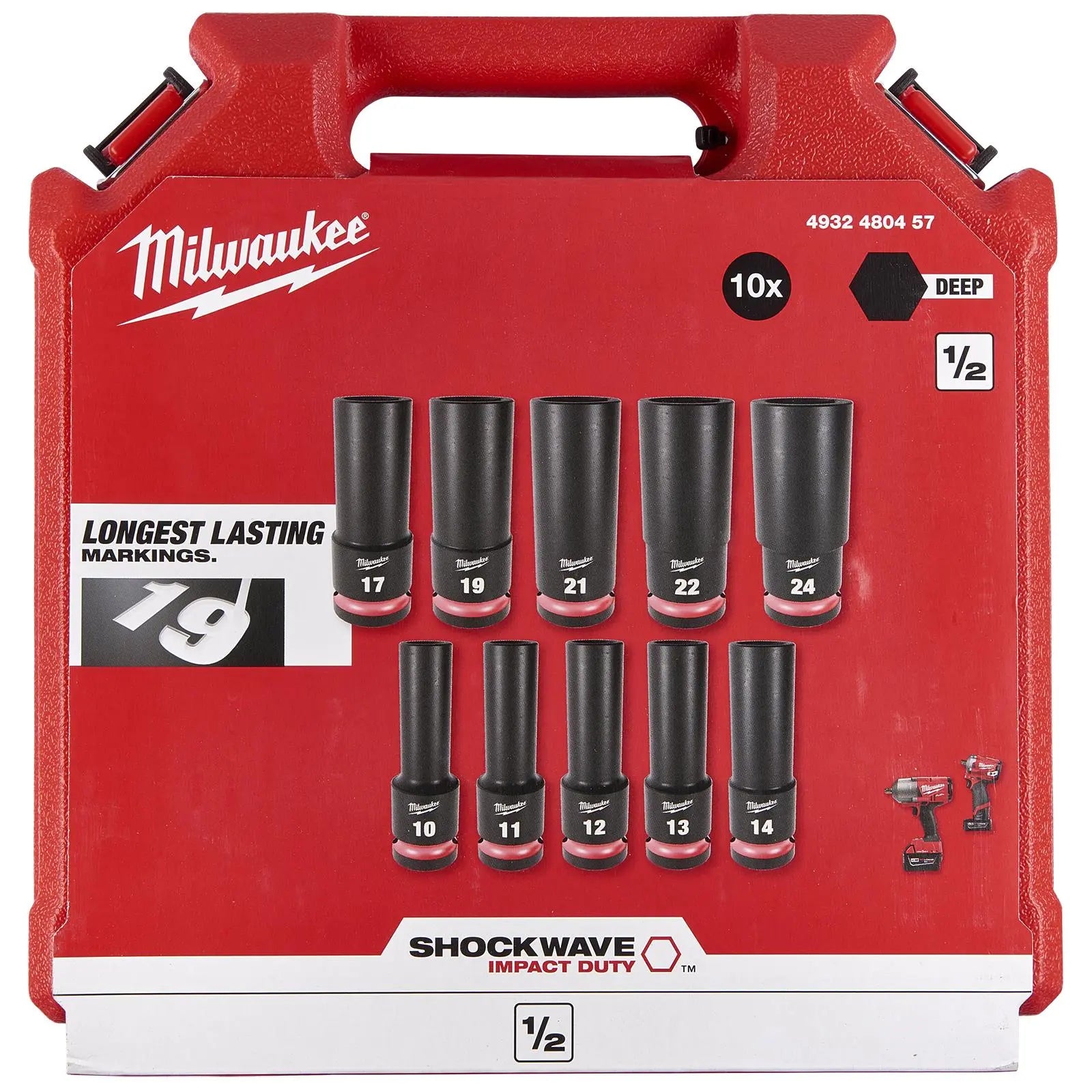 Milwaukee Impact Socket Set Deep 1/2" Drive 10 Piece 10-24mm SHOCKWAVE Impact Duty 