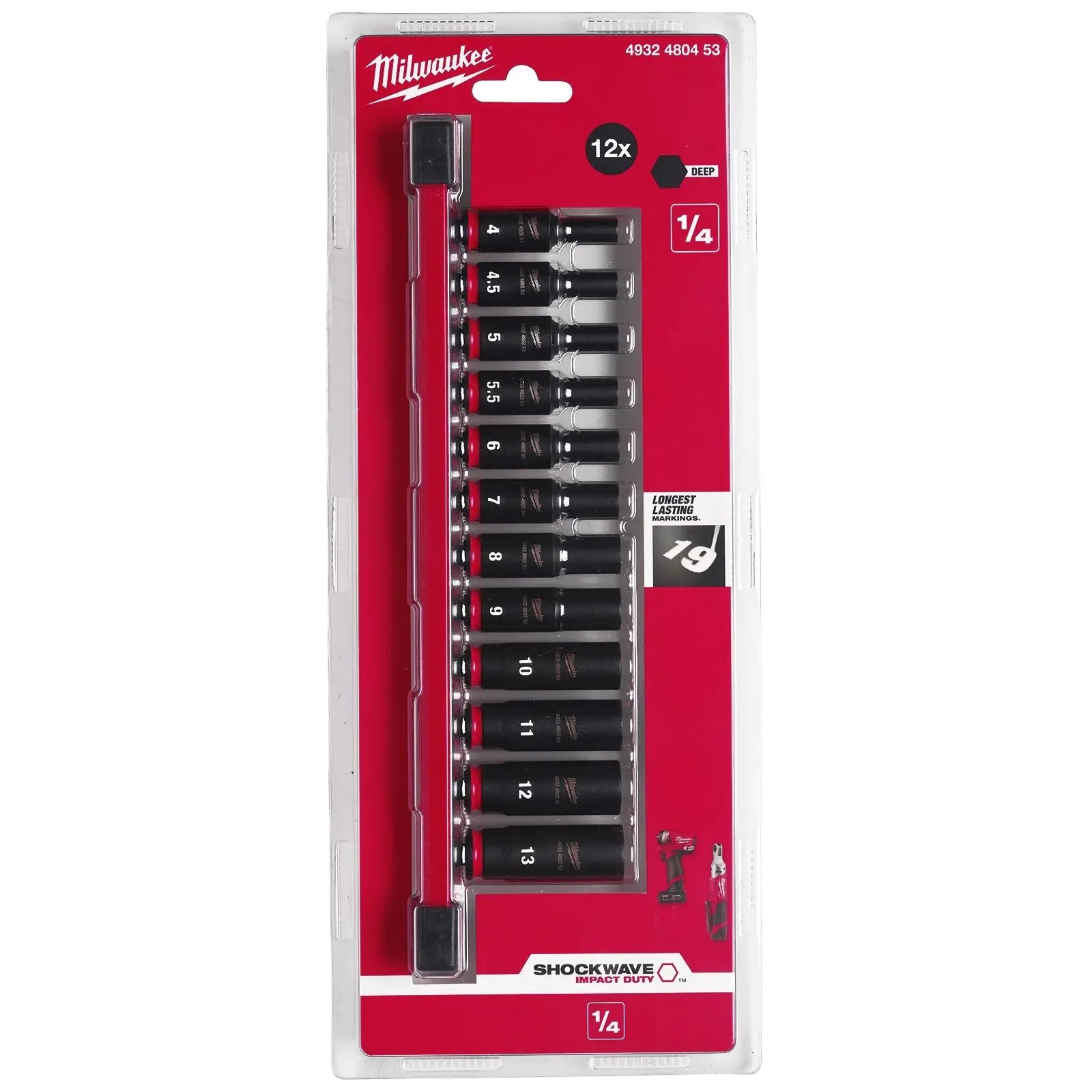 Milwaukee Impact Socket Set Deep on Socket Rail 1/4" Drive 12 Piece 4-13mm SHOCKWAVE 