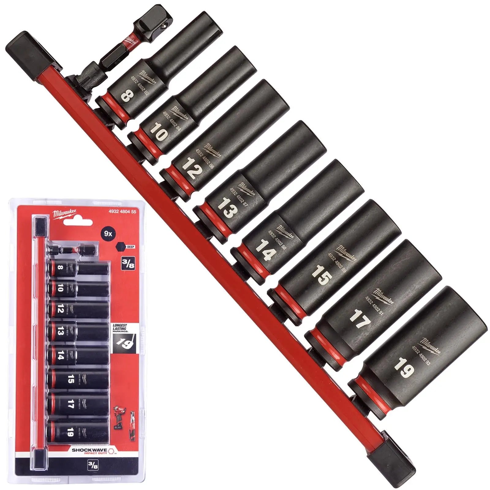 Milwaukee Impact Socket Set Deep on Socket Rail 3/8" Drive 9 Piece 8-19mm SHOCKWAVE 
