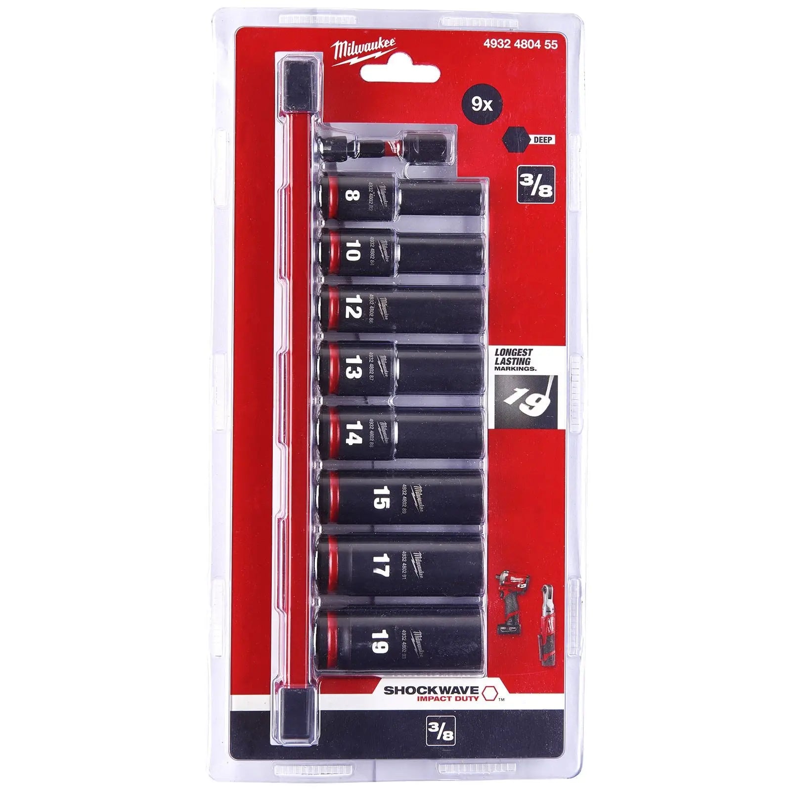Milwaukee Impact Socket Set Deep on Socket Rail 3/8" Drive 9 Piece 8-19mm SHOCKWAVE 