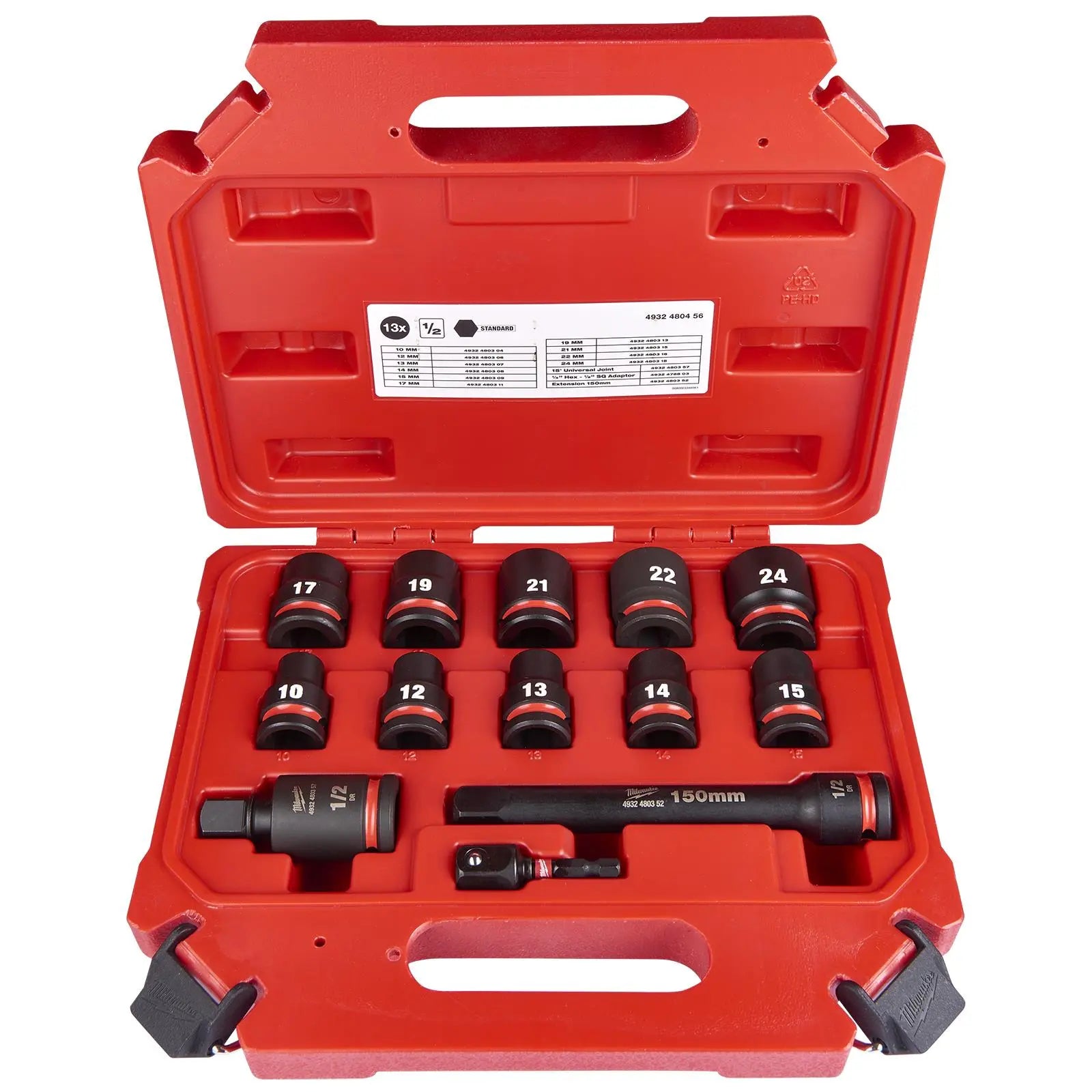 Milwaukee Impact Socket Set Standard 1/2" Drive 13 Piece 10-24mm SHOCKWAVE Impact Duty 